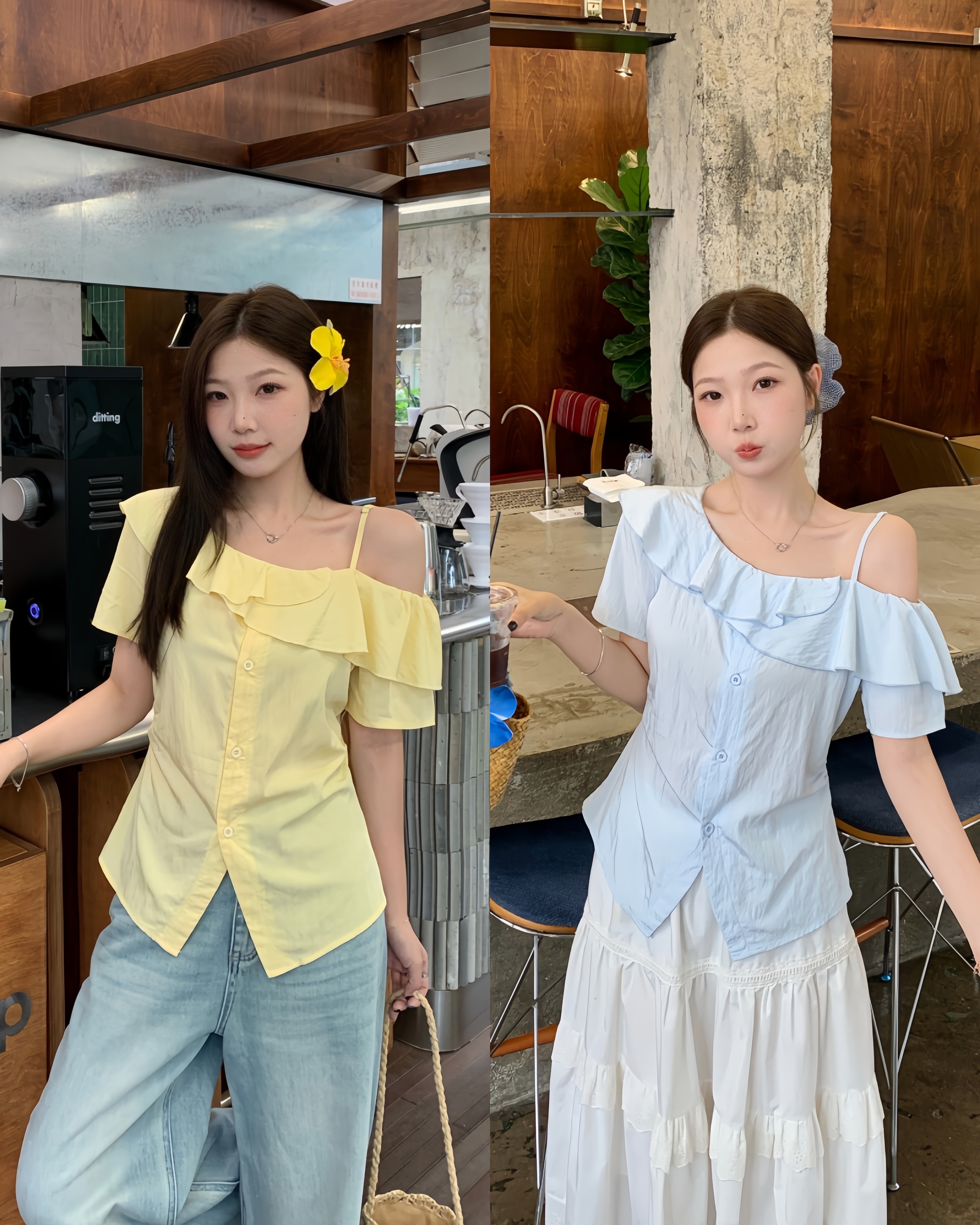 B211(80908) 韩系气质斜领单边吊带交叉荷叶边黄蓝衬衫上衣