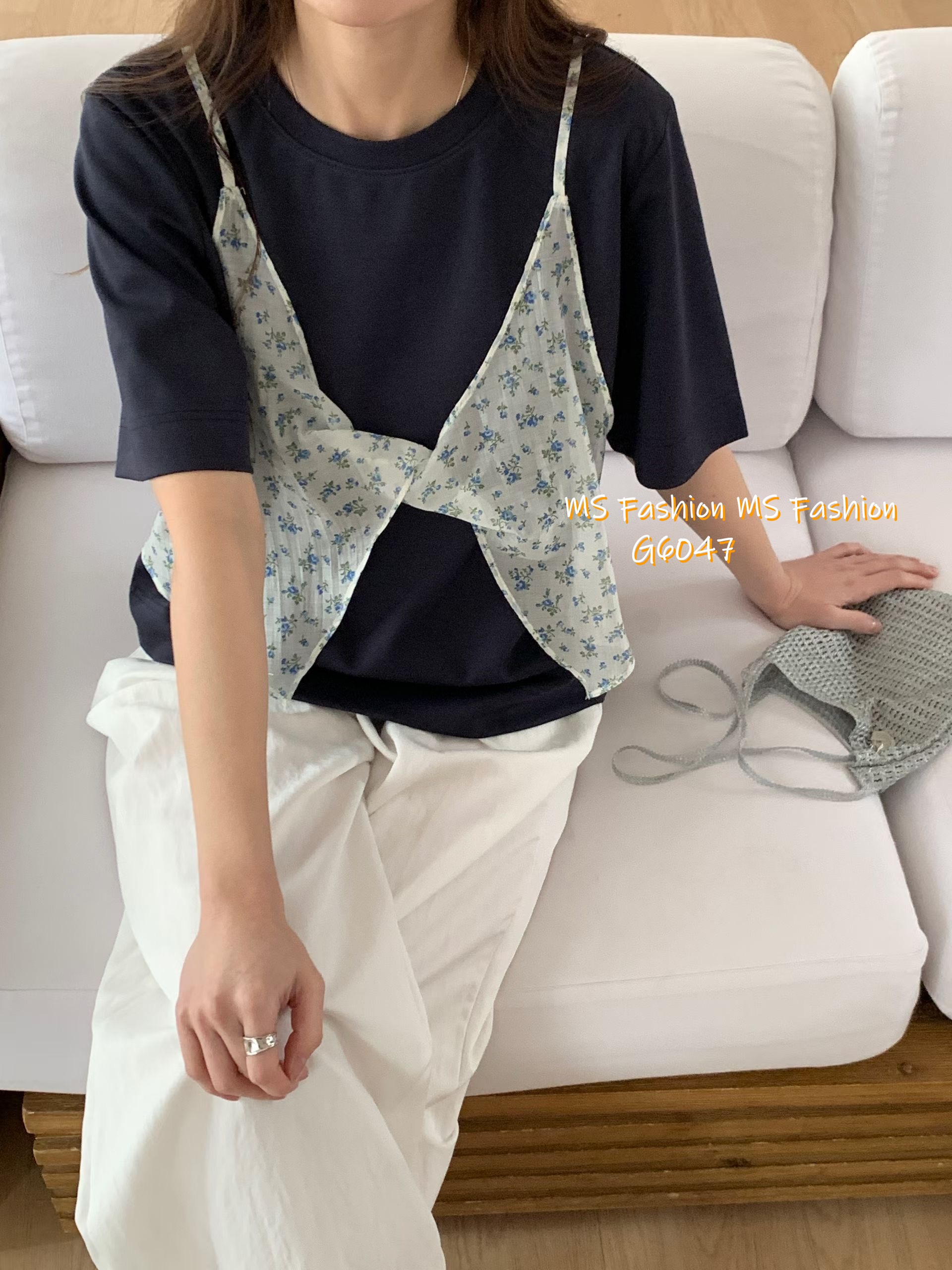 G6047 韓國🇰🇷假兩件拼碎花布top