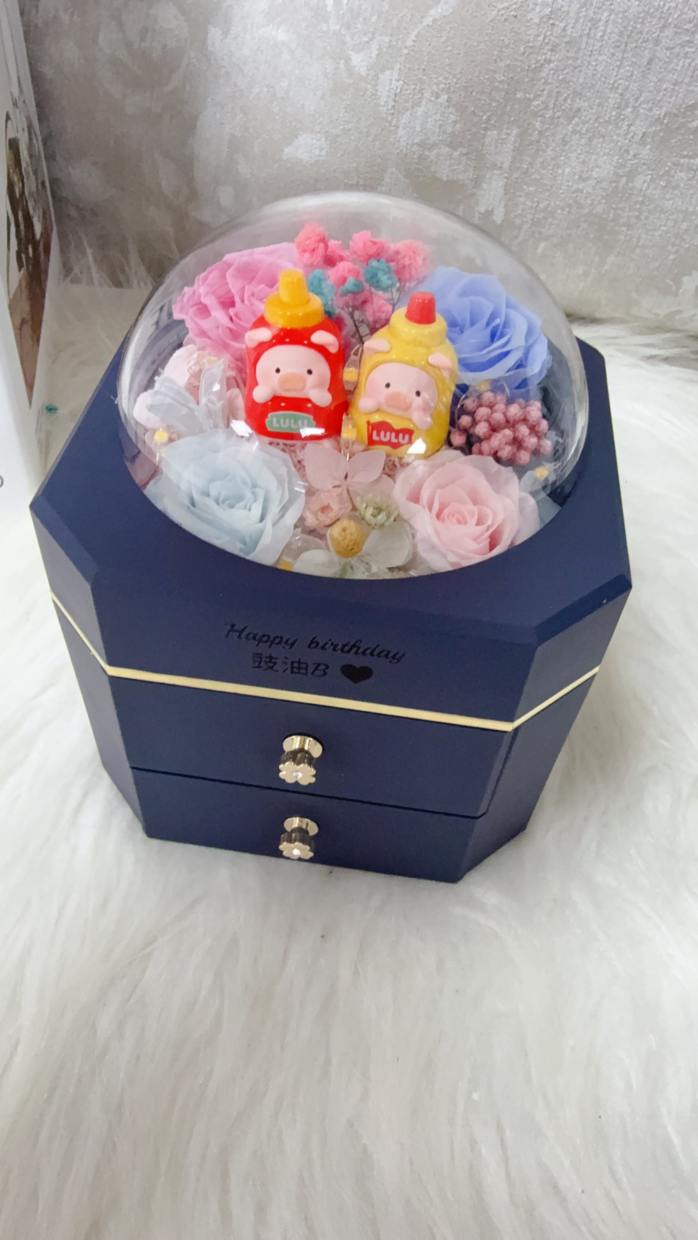 Lulu豬藍粉紅玫瑰永生花飾物盒