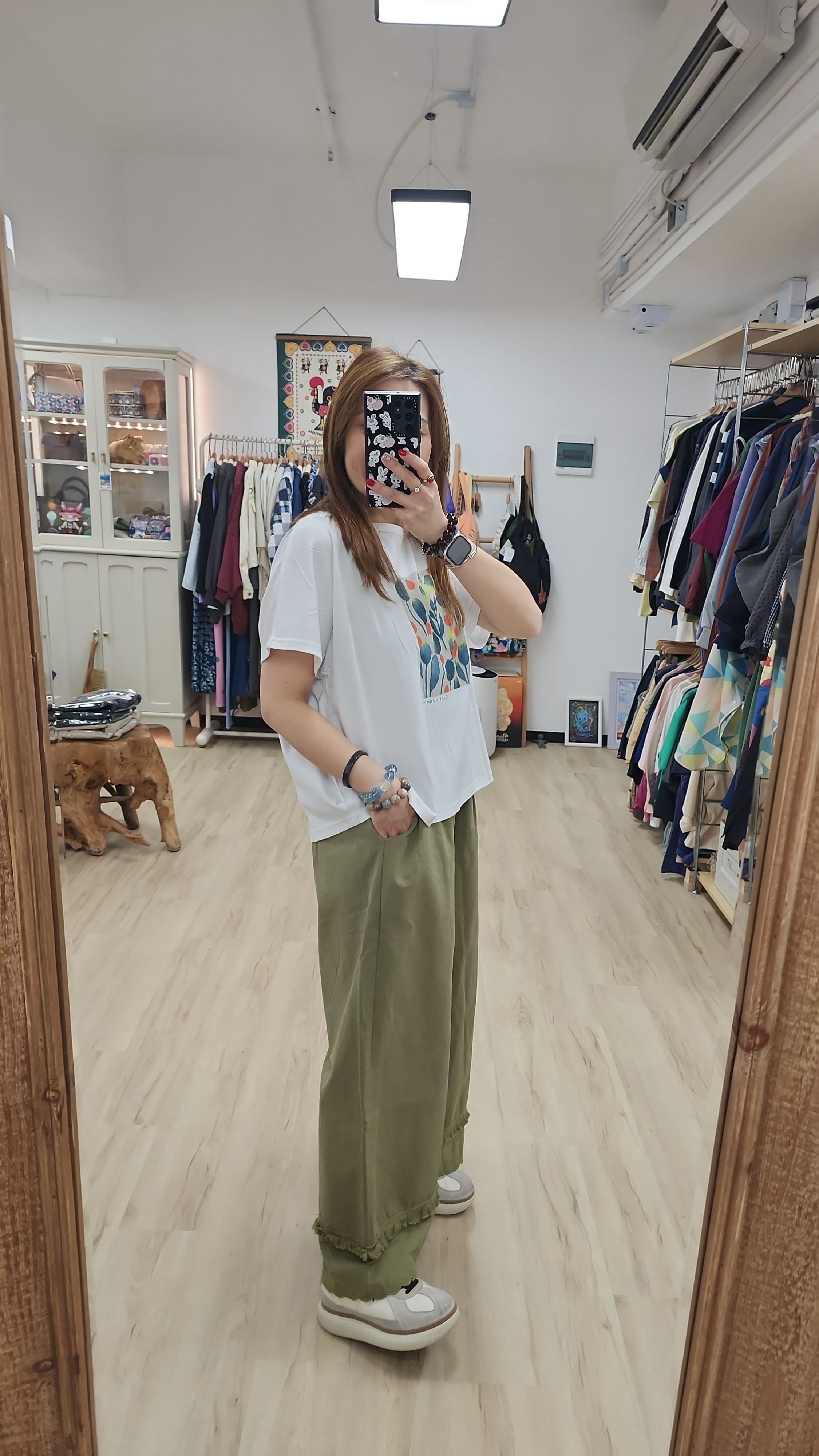 韓國抹茶綠蘇蘇刺繡橡筋棉麻褲