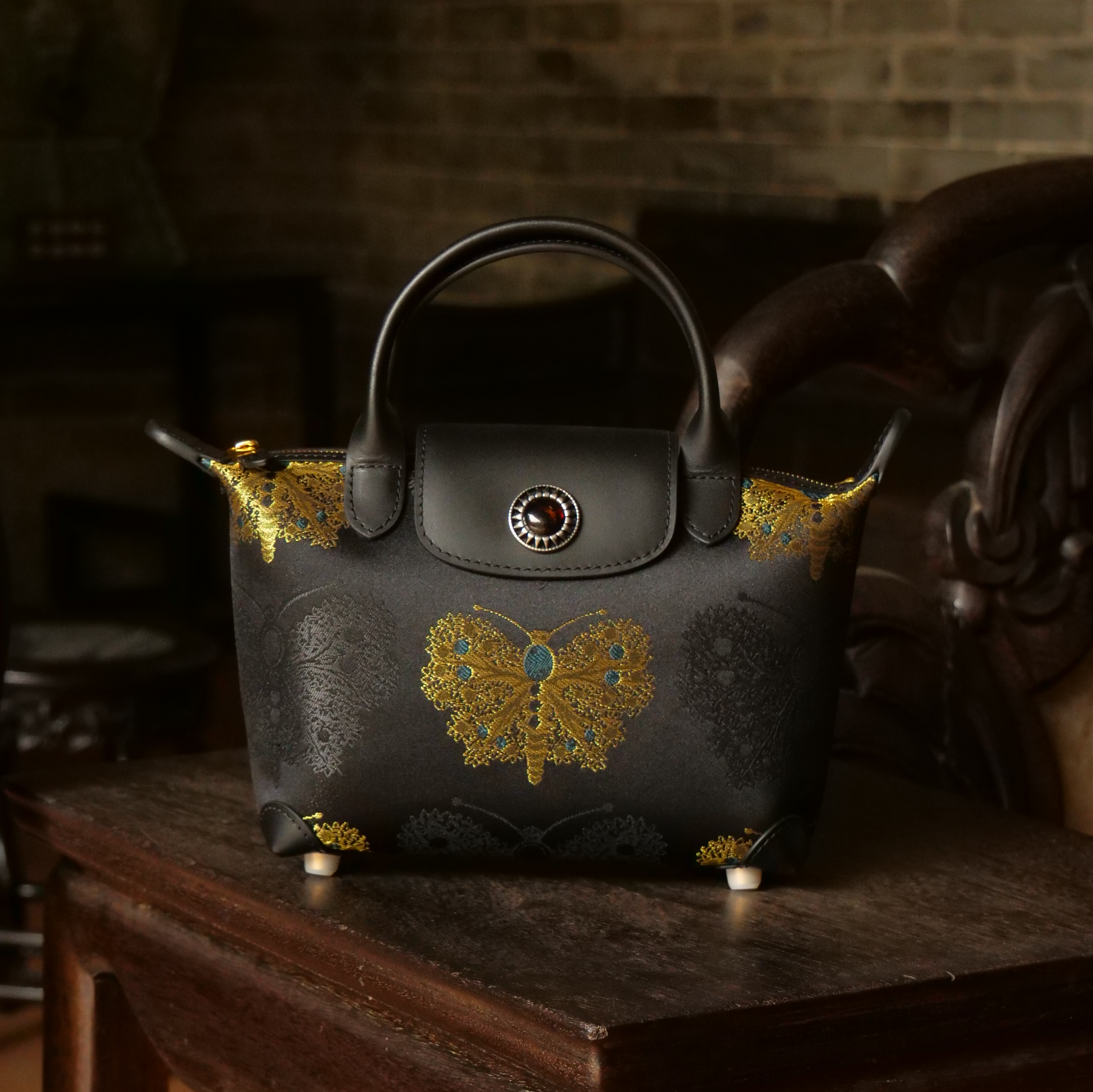 宋錦∞黑金綠蝴蝶牛皮小號手袋