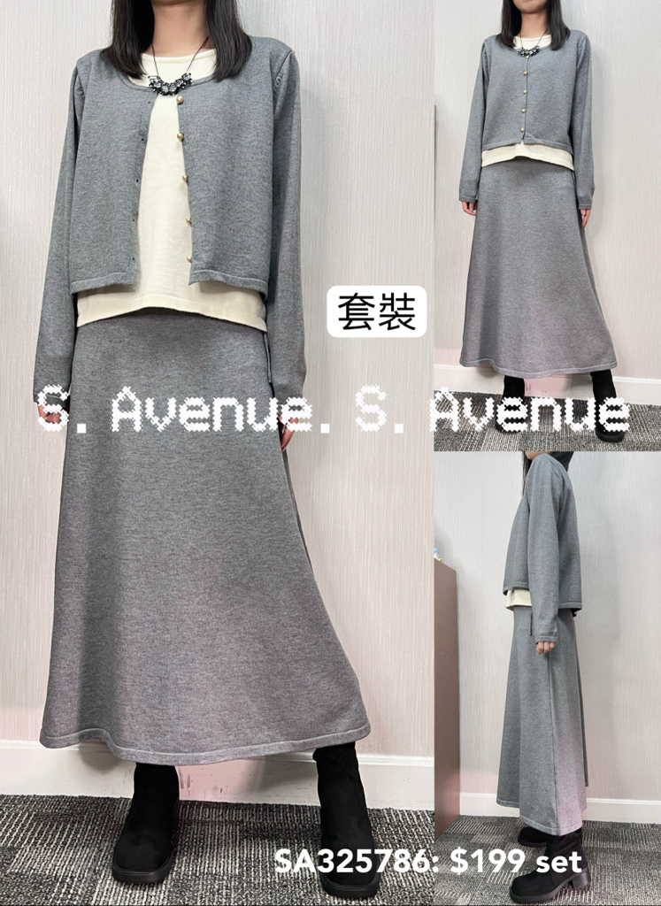 SA325786: 長袖假兩件有鈕針織top配半截A宇長裙
