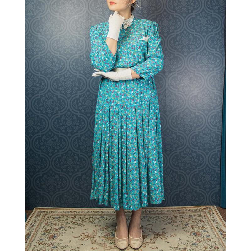C.a. 1980s Karin Stevens Scattered Floral Pattern Turquoise Low Waist Dress with low Waist collar - Plus Size(MU103-10)