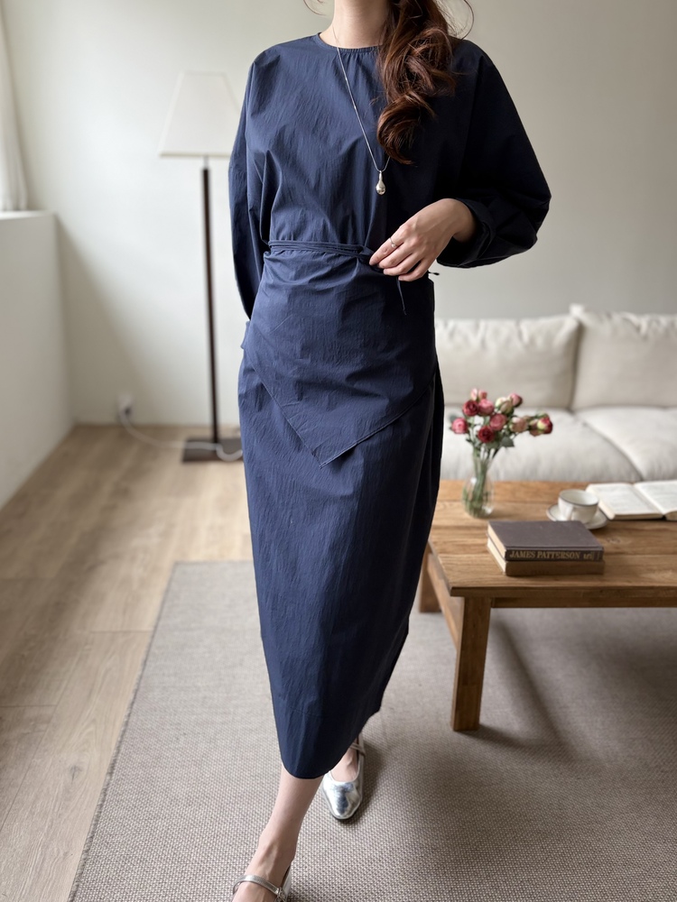 Wrap-Accent Dress (Navy)