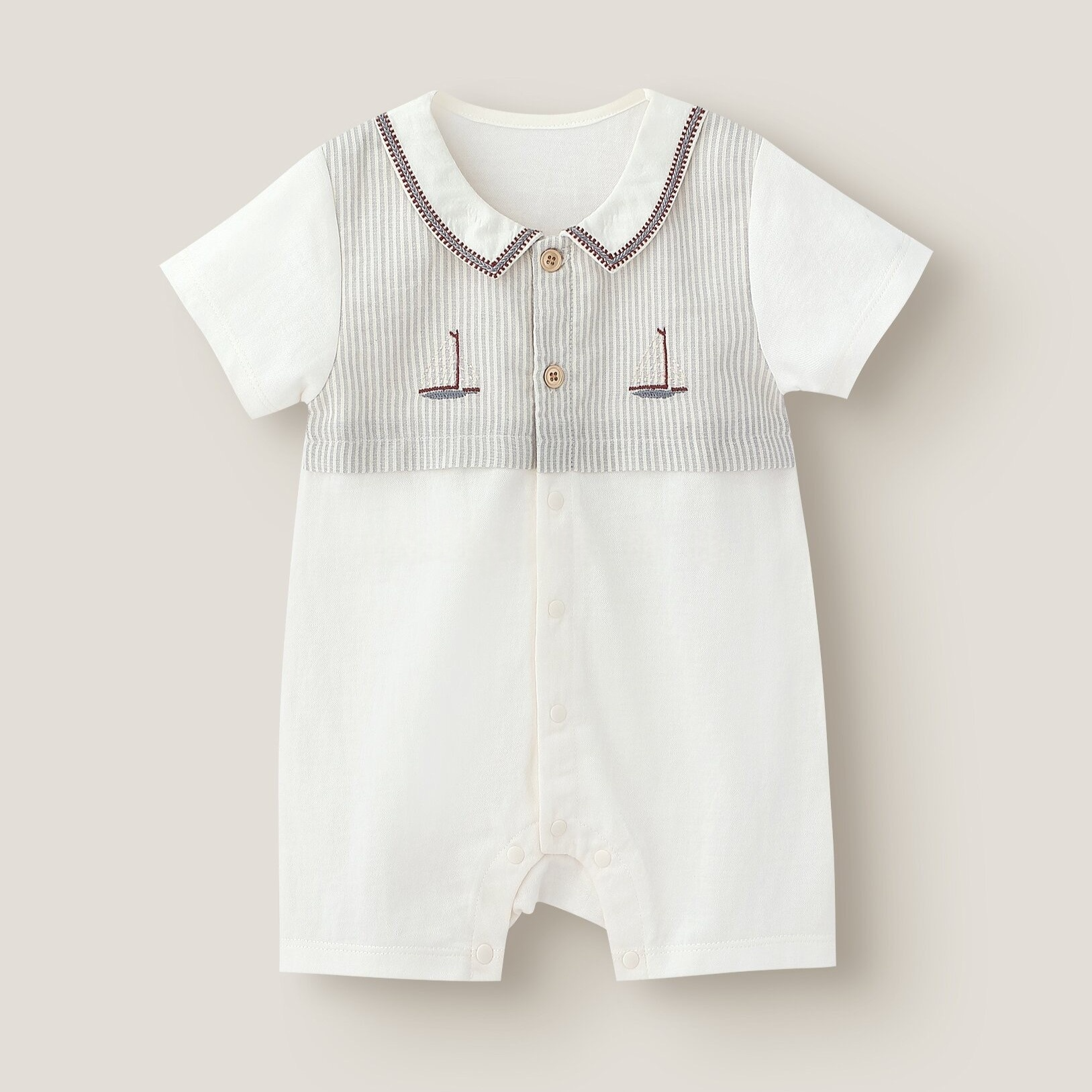 開胸哈衣 - 杏色帆船 B212140 Baby Front-Opening Bodysuit