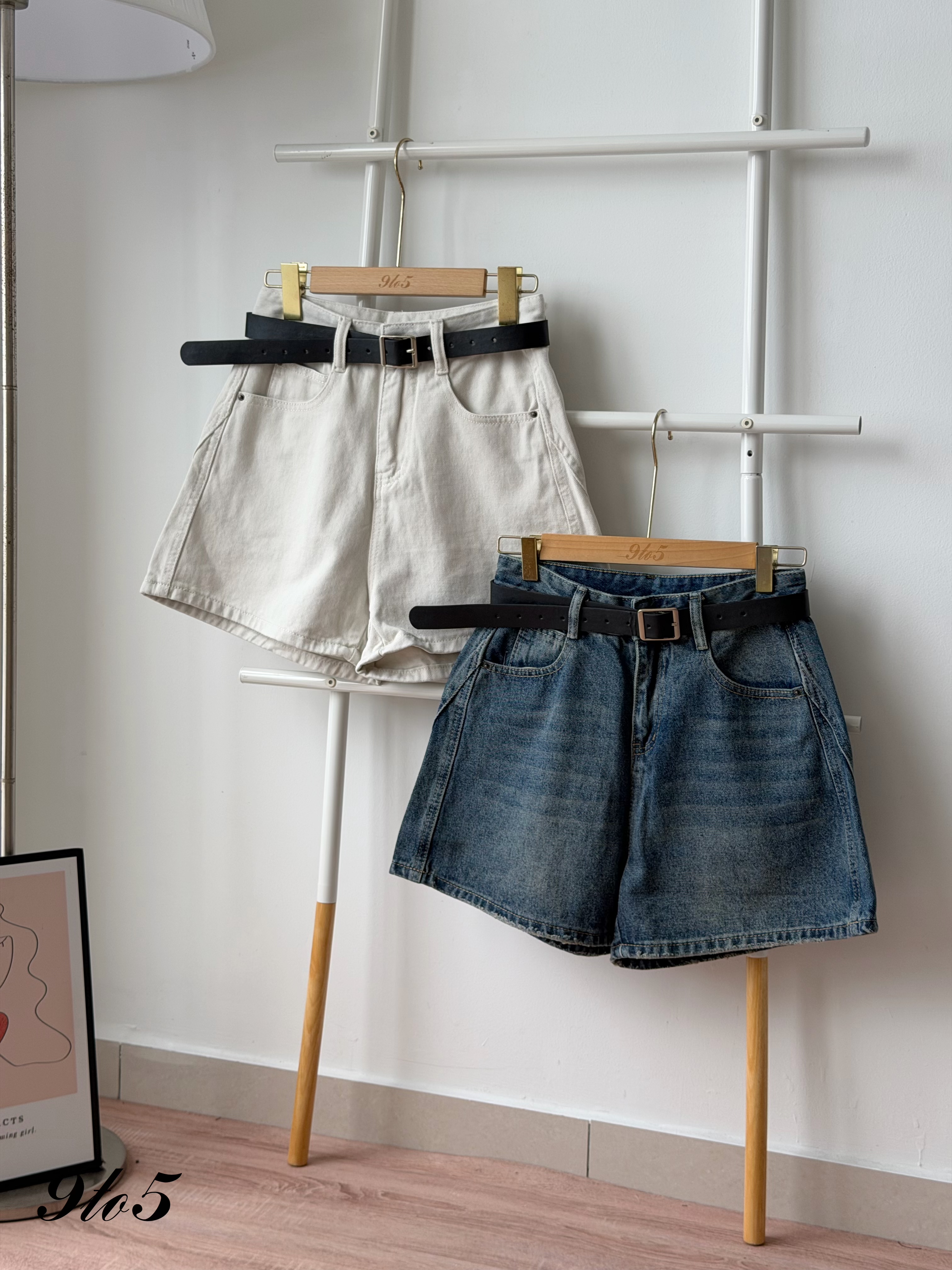 S2017 A Line Denim Short Pants - Beige & Blue