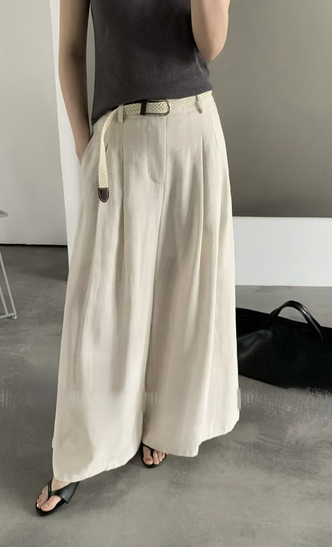 顯瘦棉麻闊褲（連belt)