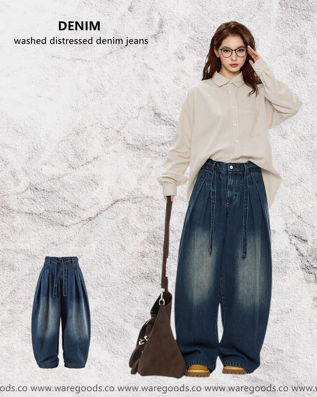 W35757水洗腰繩垂感牛仔褲