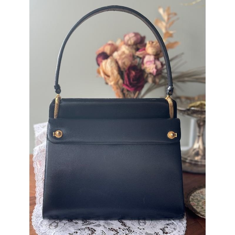 C.a. 1950-60s Elegant Navy Blue Structural Handbag with Golden Hardware (MT2123)