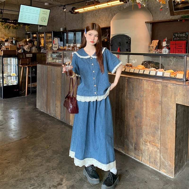 B340(8150) 韩版JEANS甜酷减龄风娃娃领拼接蕾丝边上衣与长裙蓝套装