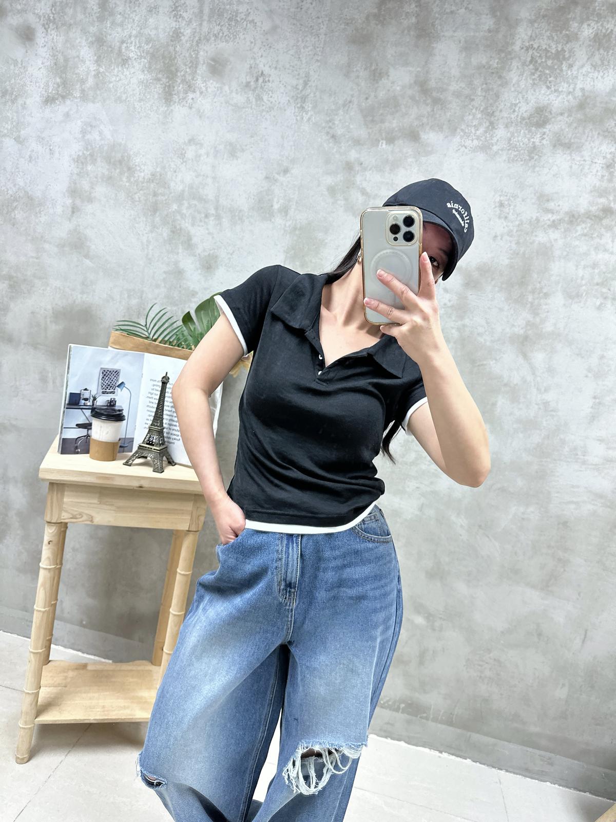 拼色袖Polo領Top