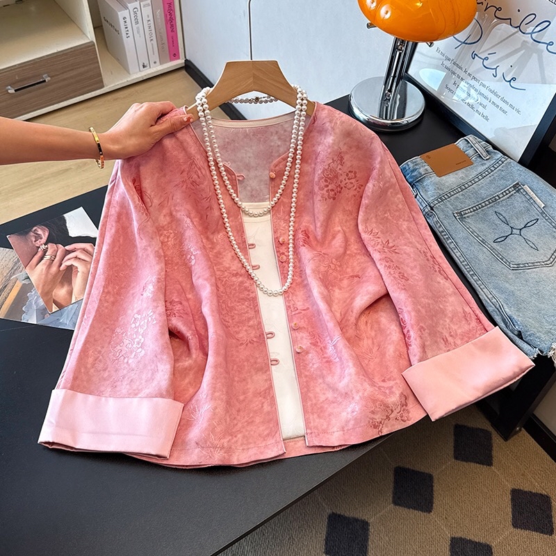 B265(0190外套) 新中式薄款古典碎花提花粉外套上衣 