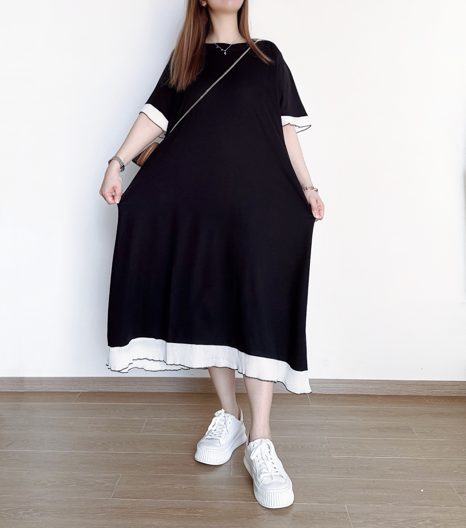 氣質顯瘦純色拼料Ops