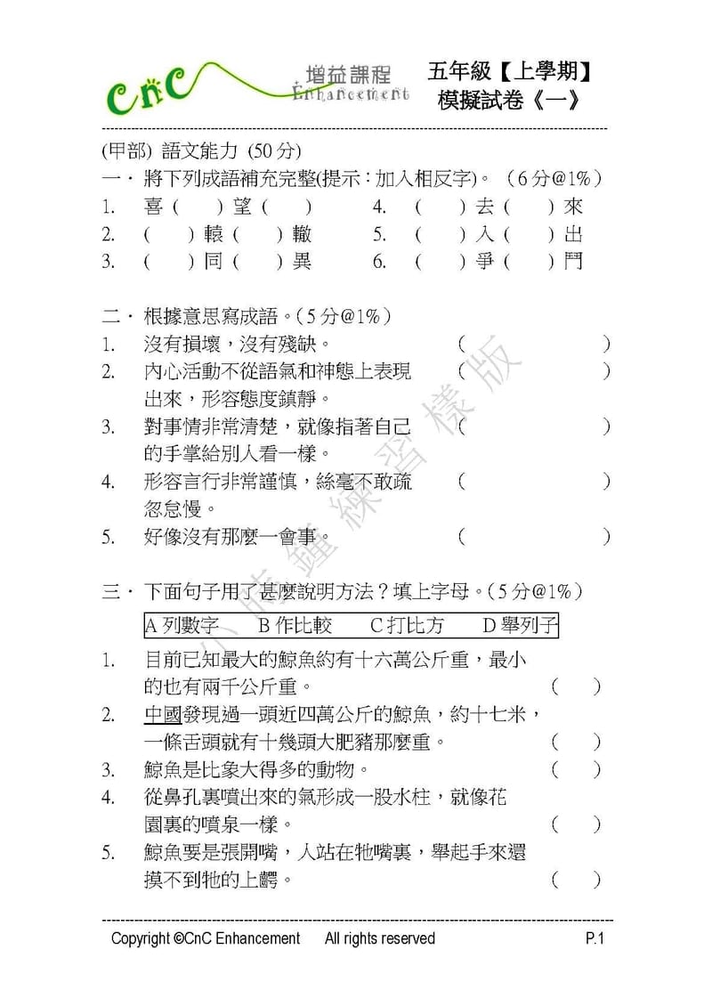 模擬試卷 (五年級)