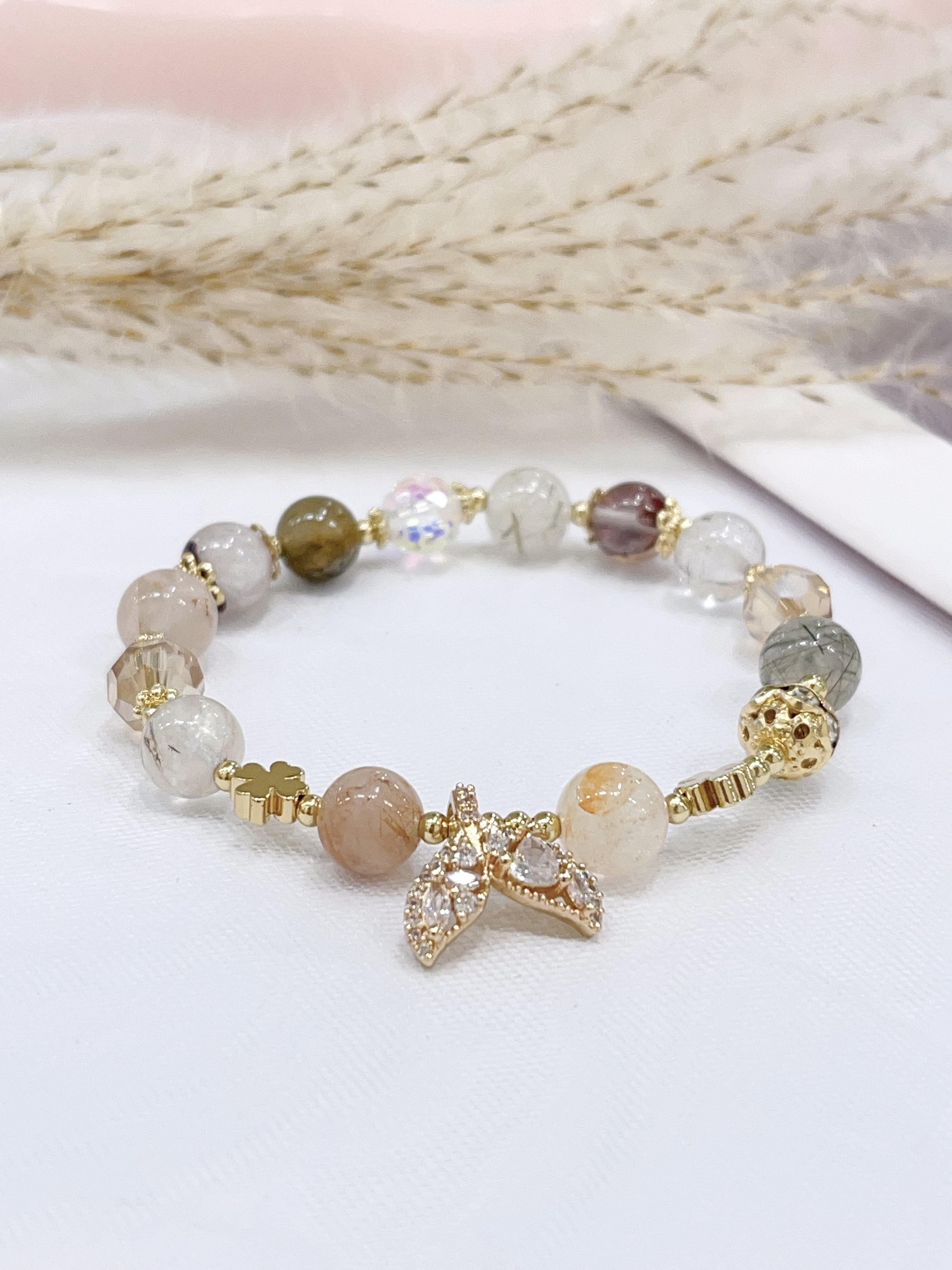 🧜‍♀️ 彩发晶多宝 × 美人鱼尾手串 Multicolor Rutilated Quartz & Mermaid Tail Charm | 8mm
