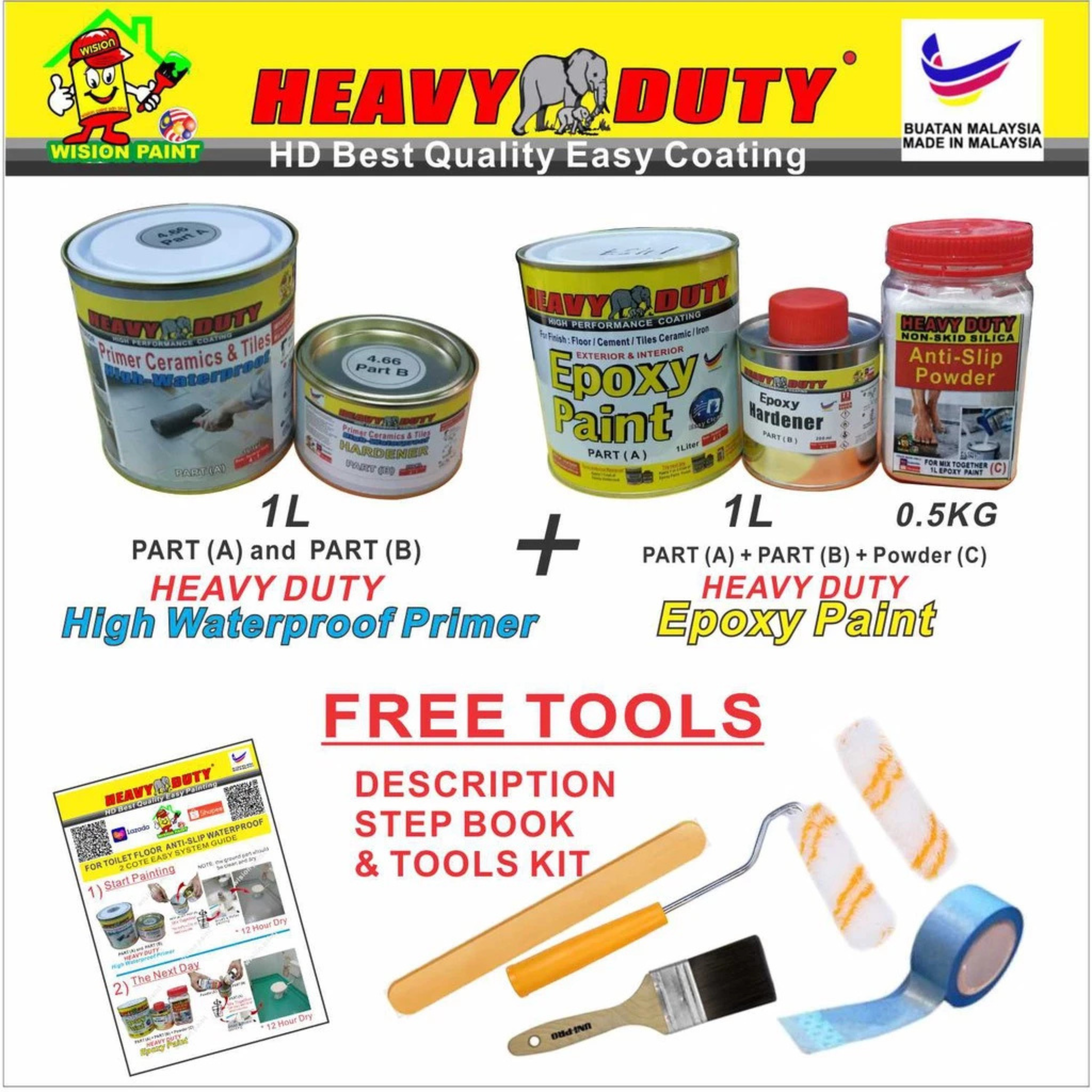 FULL SET (HEAVY DUTY BRAND) Floor Coating (Free Paint Tool Set) 1L Tile Primer + 1L Epoxy Colour + 0.5kg Non-skid Silic