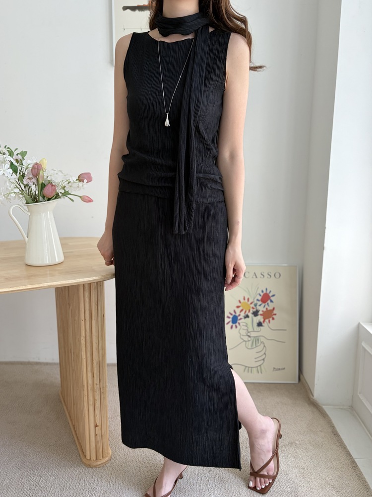 Summer Pleated Scarf Set (Black)
