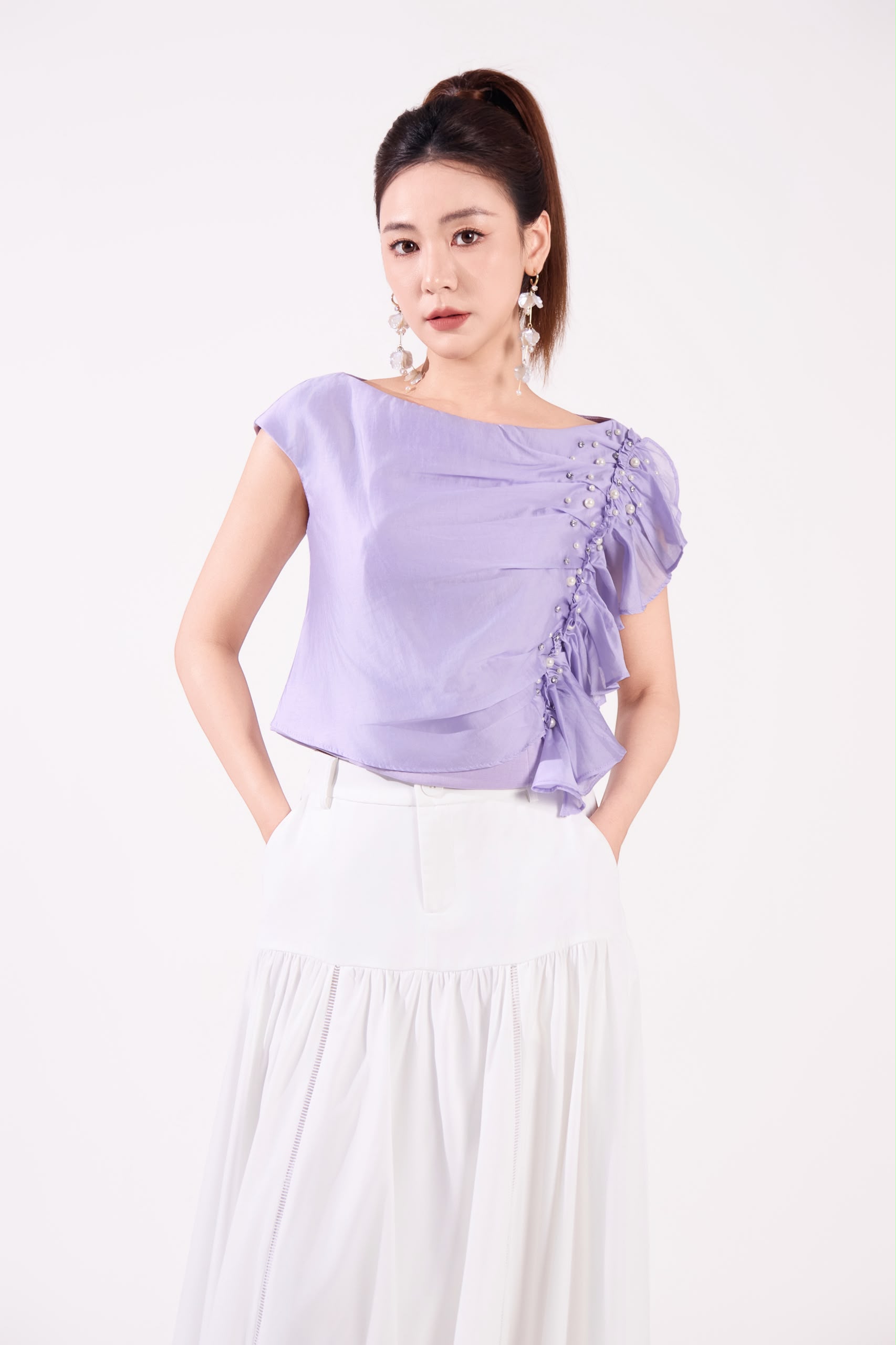 10141364 Pearl Ruffle Draped Blouse