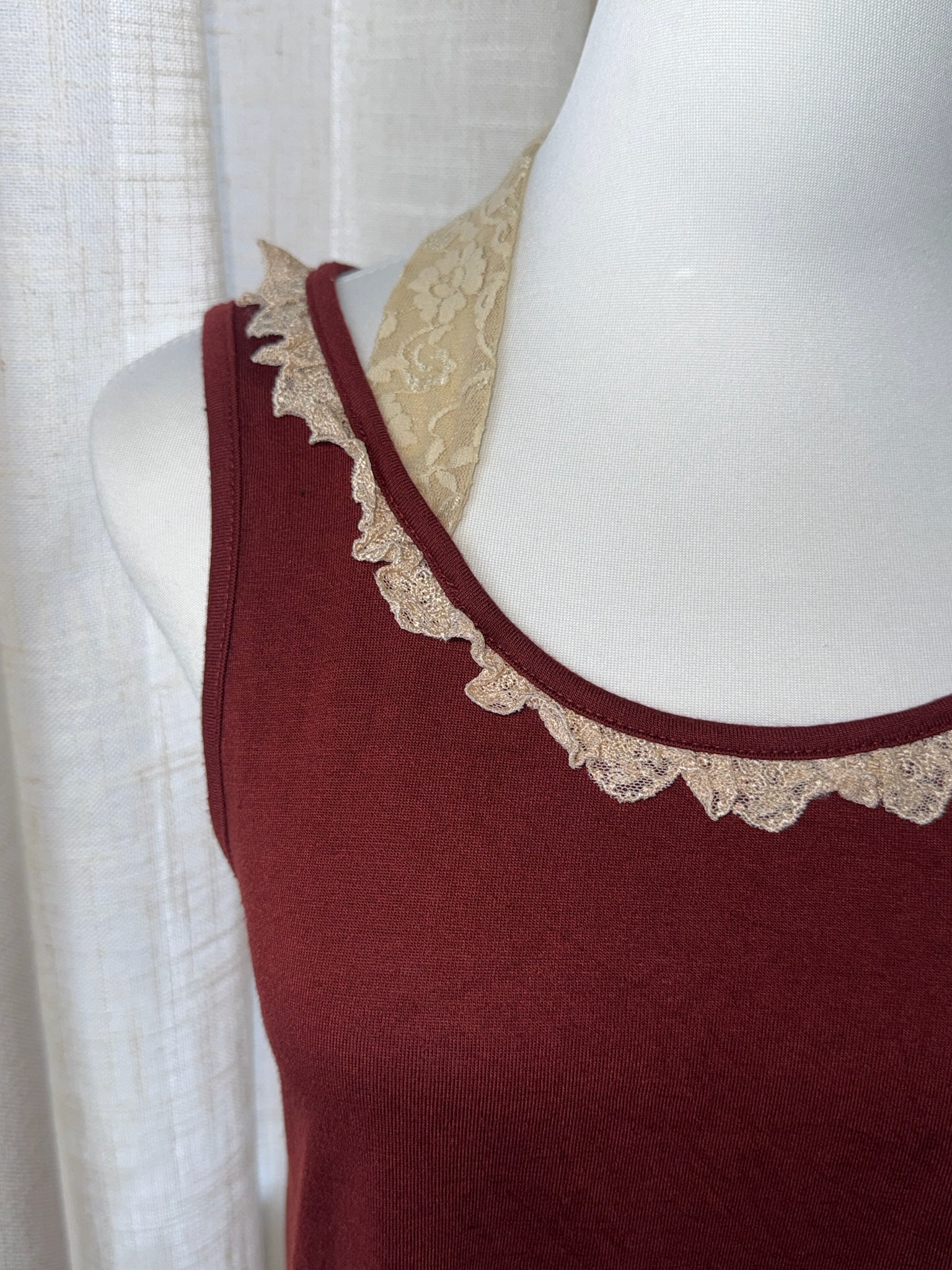 Axes Femme Burgundy Tank Top with Lace Hem