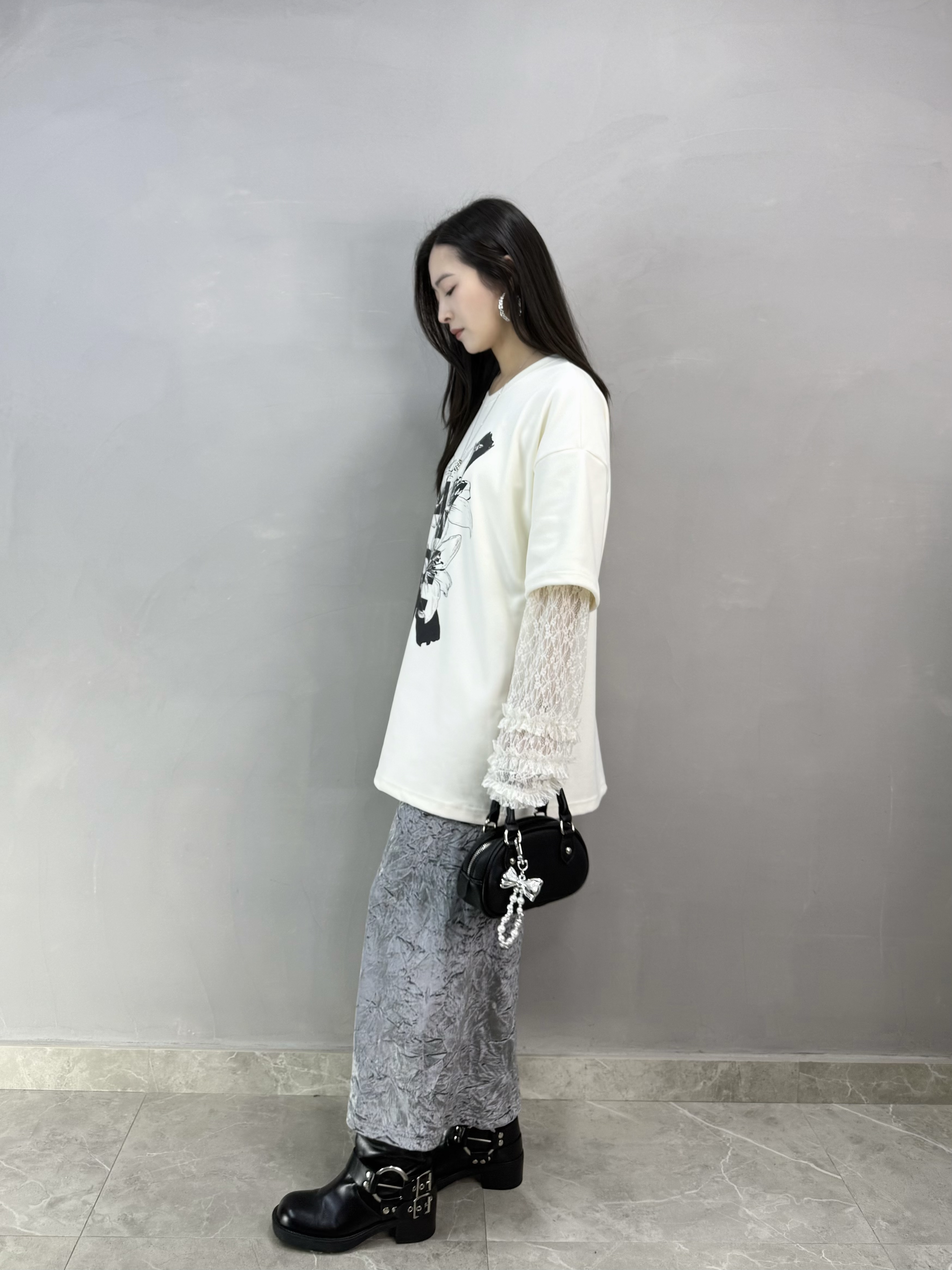 E68 lace袖花花print tee