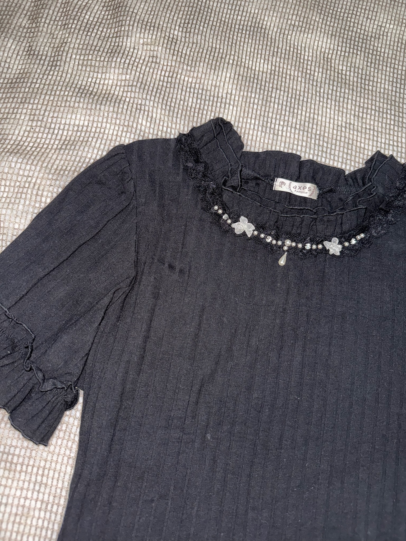 Axes Femme Ribbed Knit Top with Pearl & Bow Embellishments