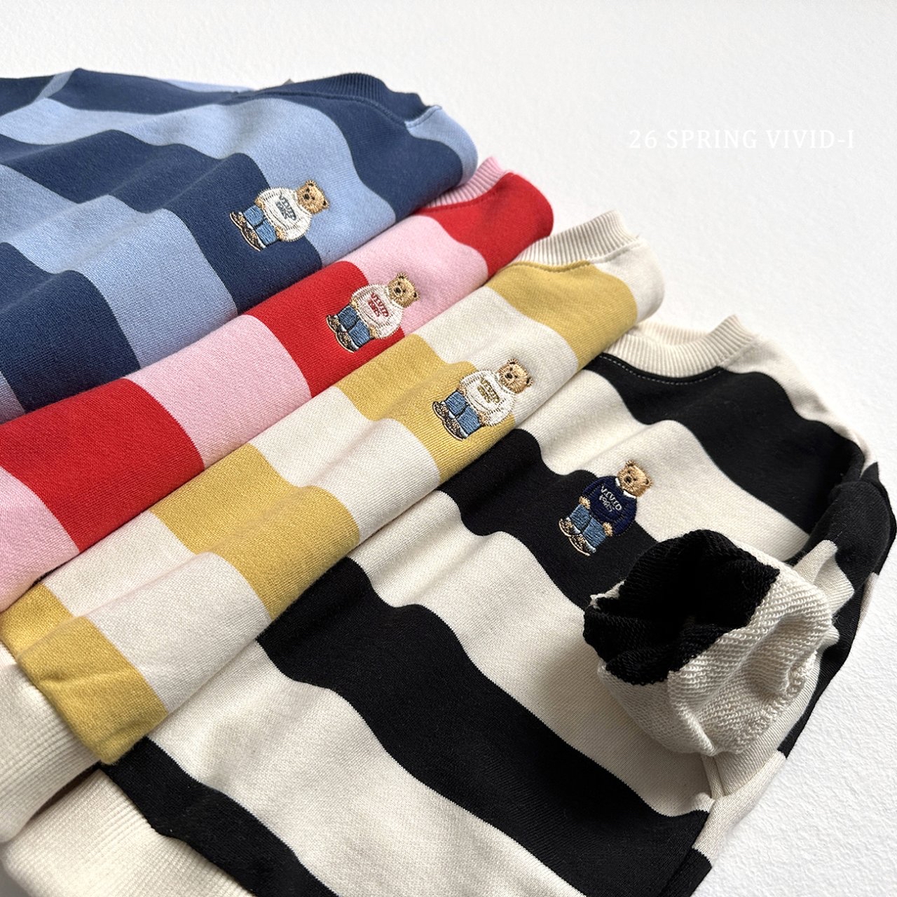 🌸預訂 韓國直送🌸🇰🇷VIVIDI四色標誌性小熊刺繡拼色條紋毛圈寬鬆衛衣