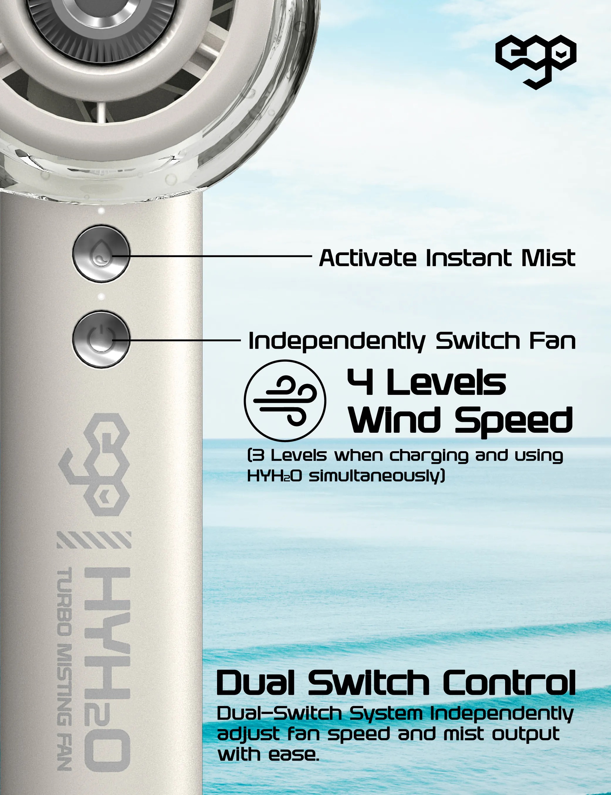 ego - HyH2O 噴霧水冷風扇 手提風扇 噴霧水冷 | 補濕美容 | 強勁風速 | 18小時長氣