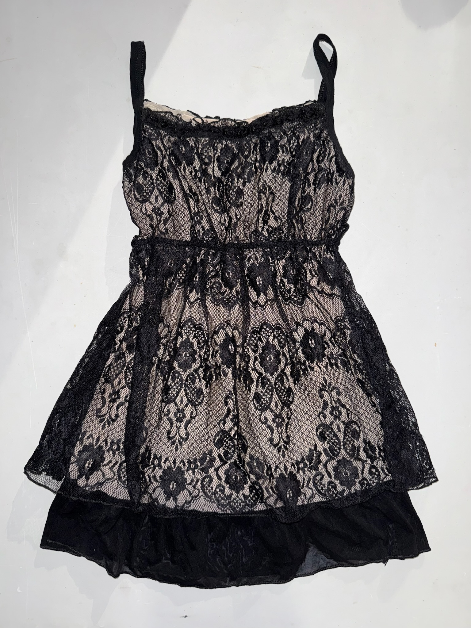 Nude & Black Lace Overlay Babydoll Mini Dress Top