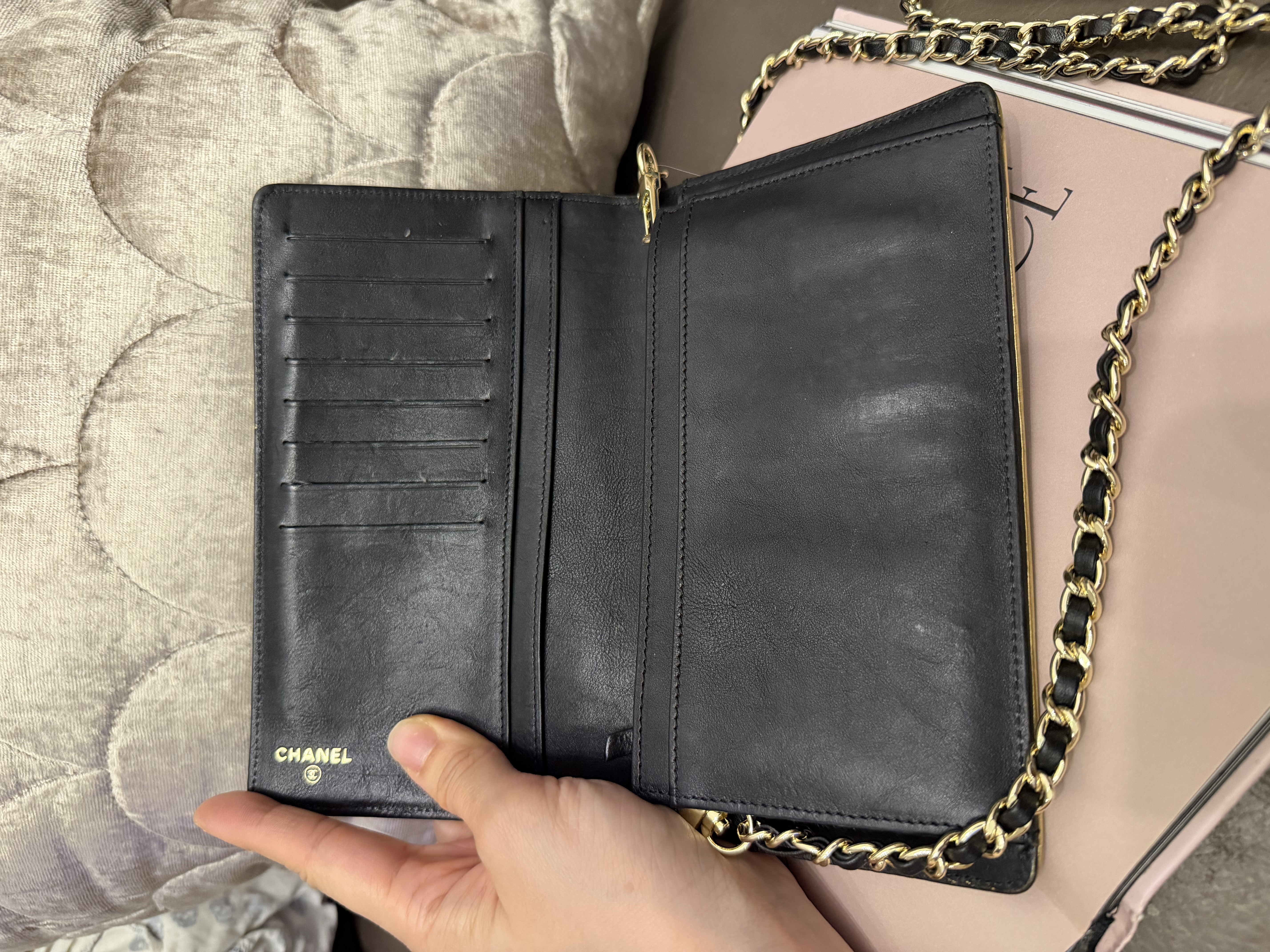 Chanel black champagne gold long wallet