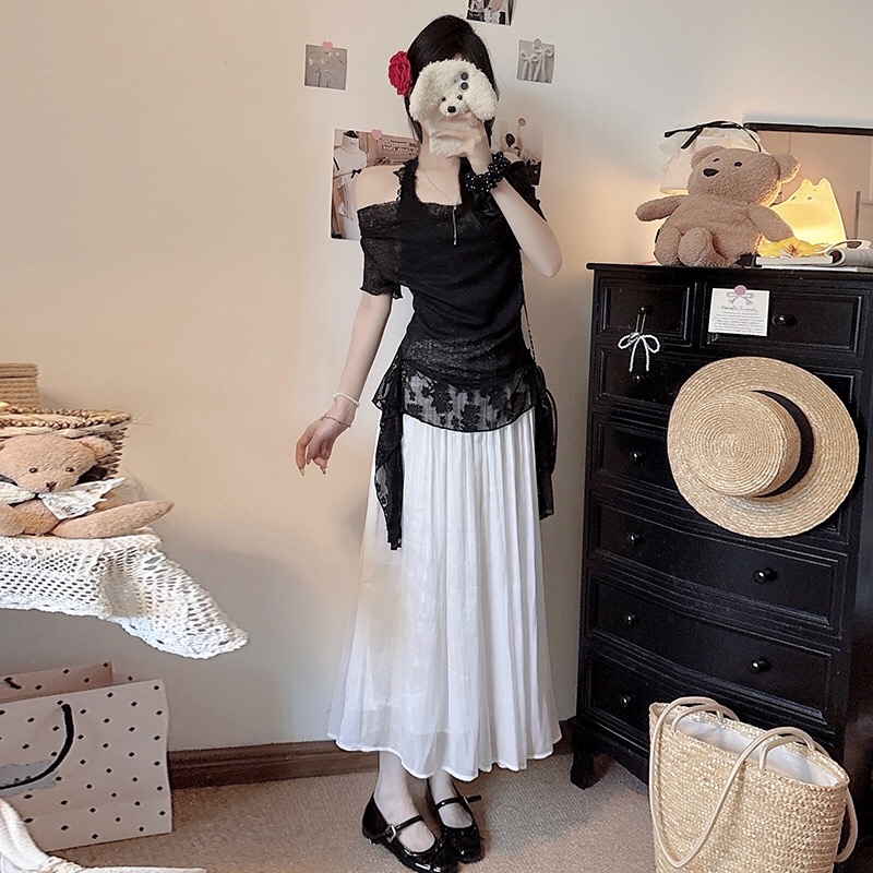 B162(9911) 法式甜美风全蕾丝挂脖设计感假两件飘带边黑杏上衣