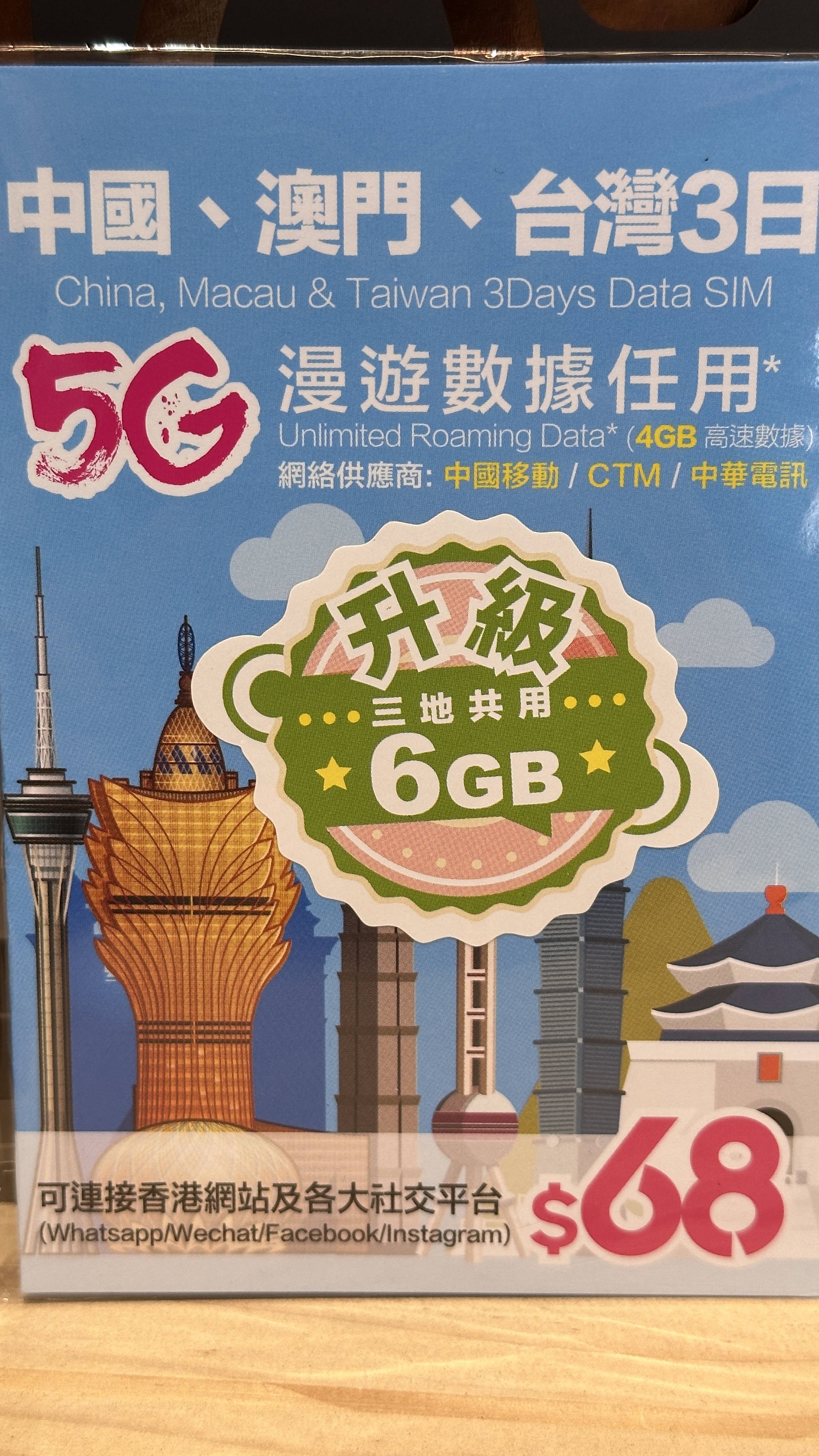 中國澳門台灣3地共用5G數據卡