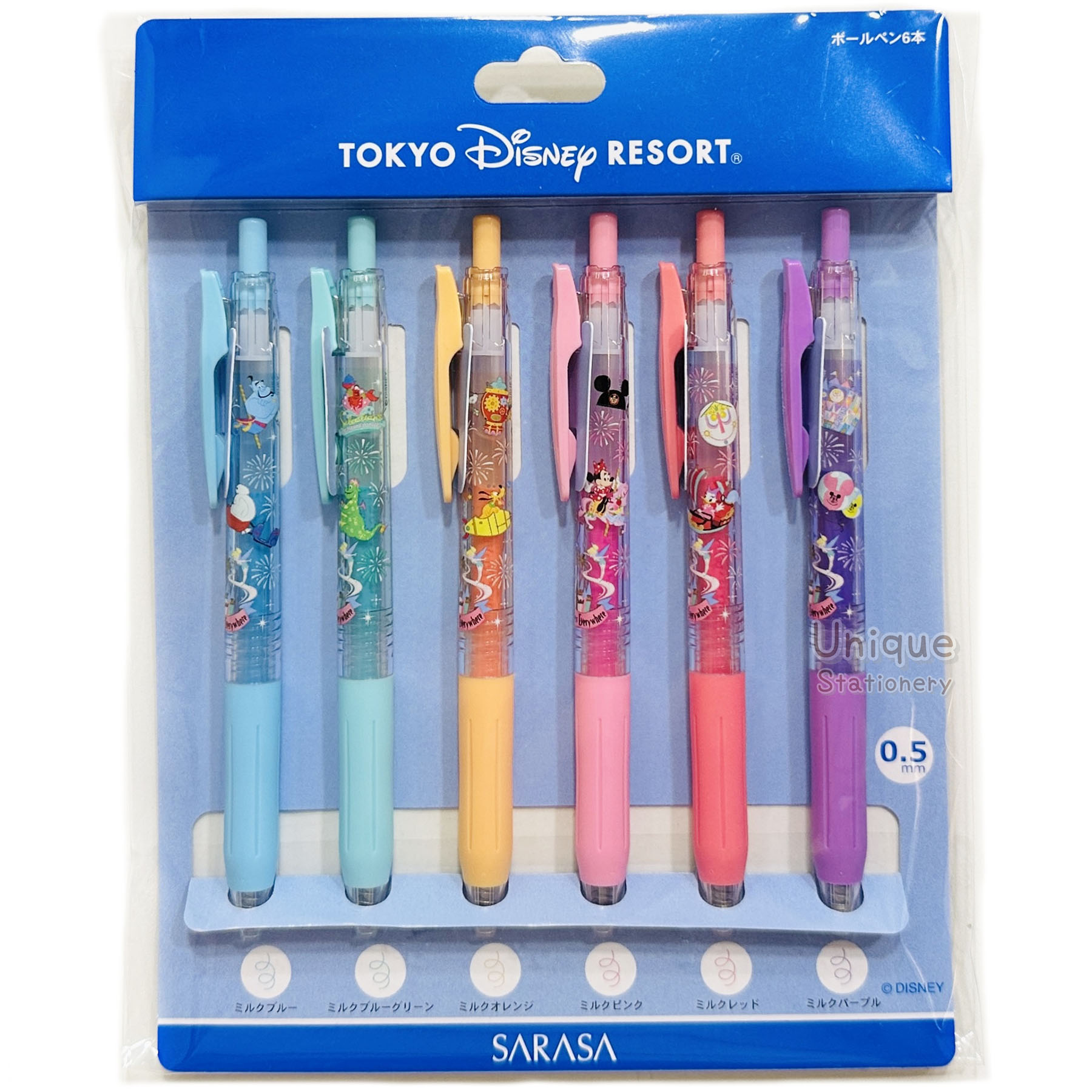 現貨｜【日本 Disney Store 限定】一套6枝 Mickey & Friends 米奇與朋友 日本製 Zebra SARASA CLIP 0.5mm 牛奶色 啫喱筆 6色套裝 071858