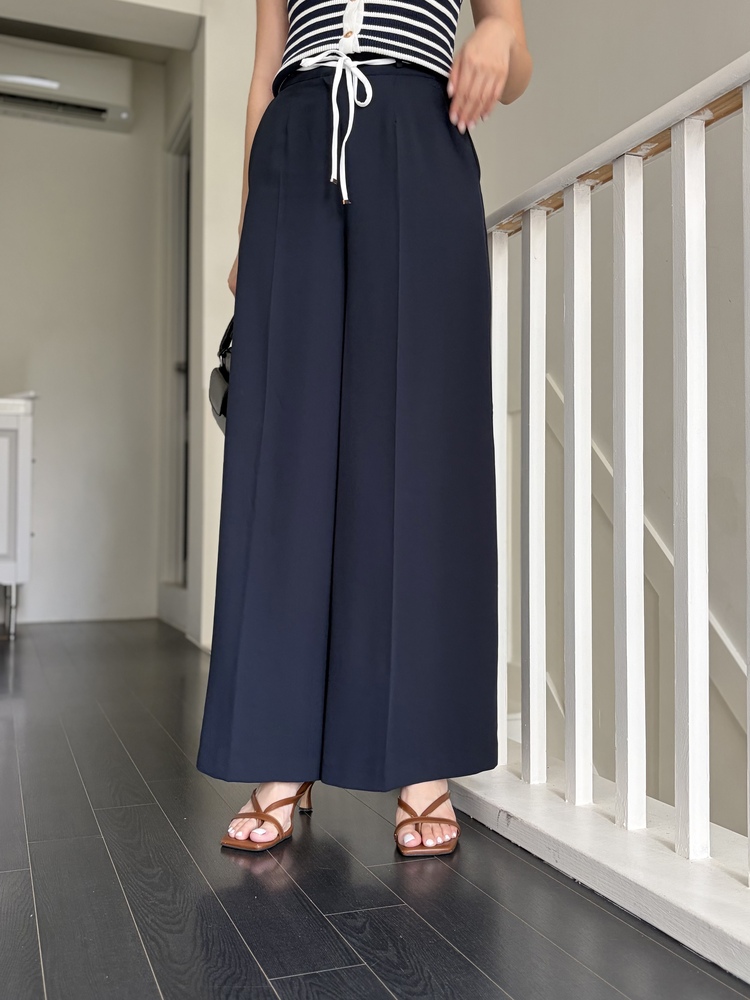 [超涼!!] Contrast Belt Wide Leg Slacks (Navy)