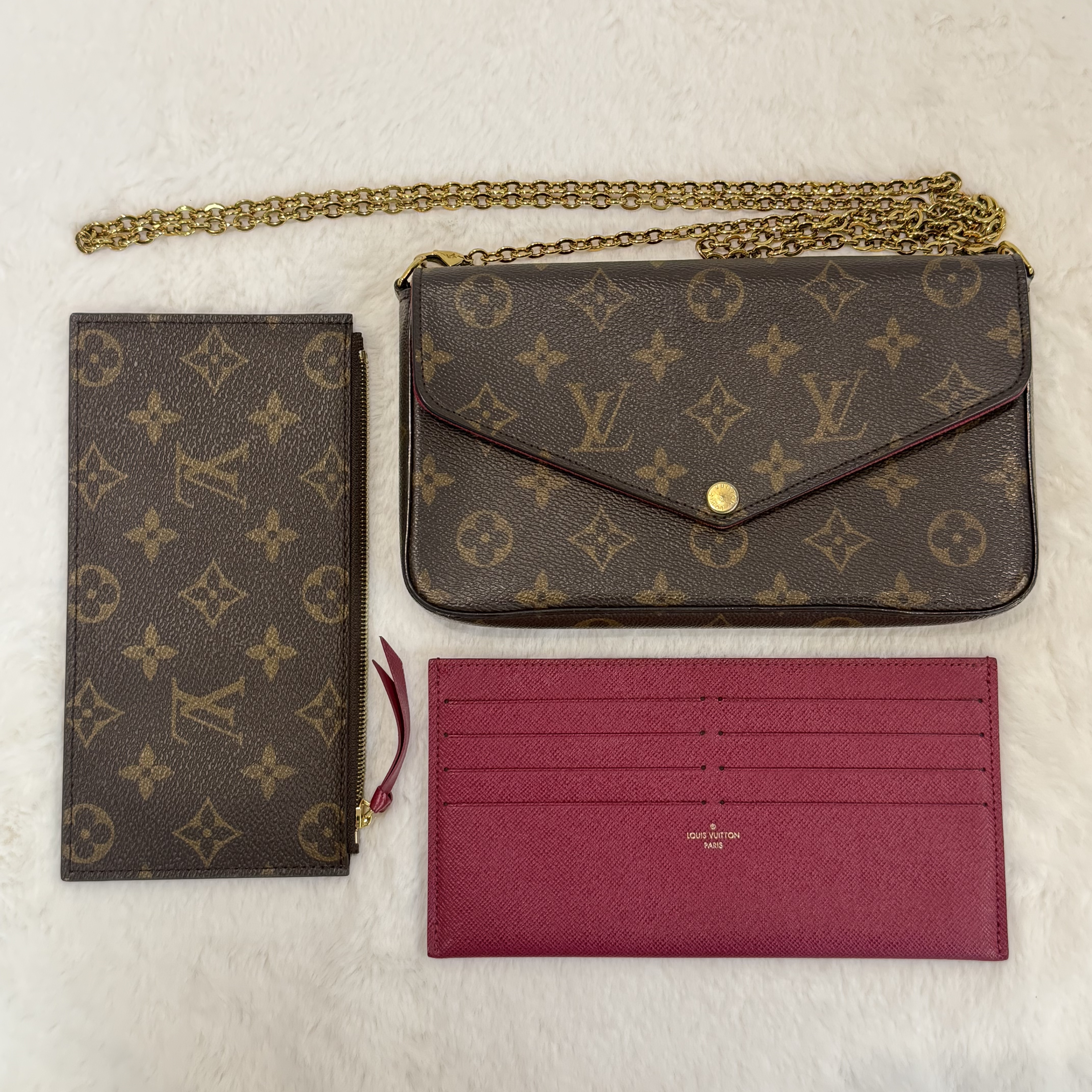 LV/路易威登 Felicie Pochette 經典老花 塗層帆布拼牛皮 三合一袋