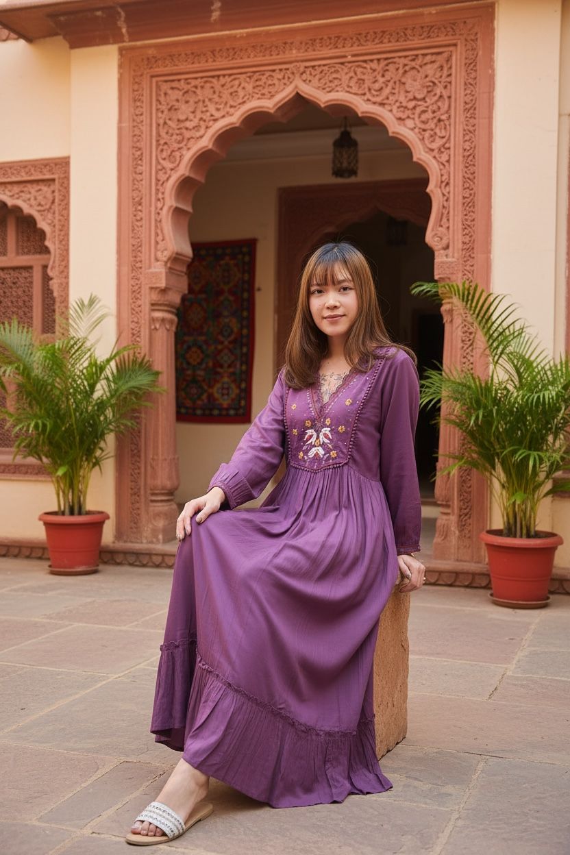 Purple V-neck Double Lace Collar Emb. OP 48"  #1023