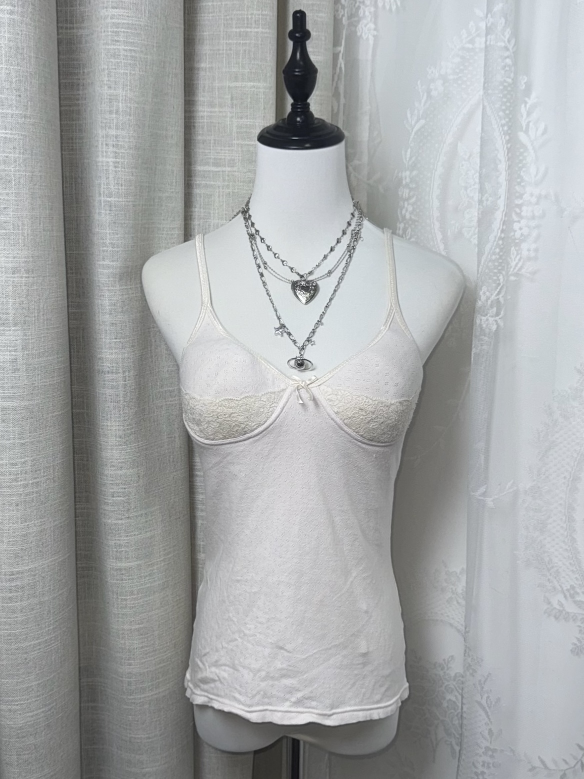 Off-White Ribbed Cami with Lace Cups and Center Ribbon