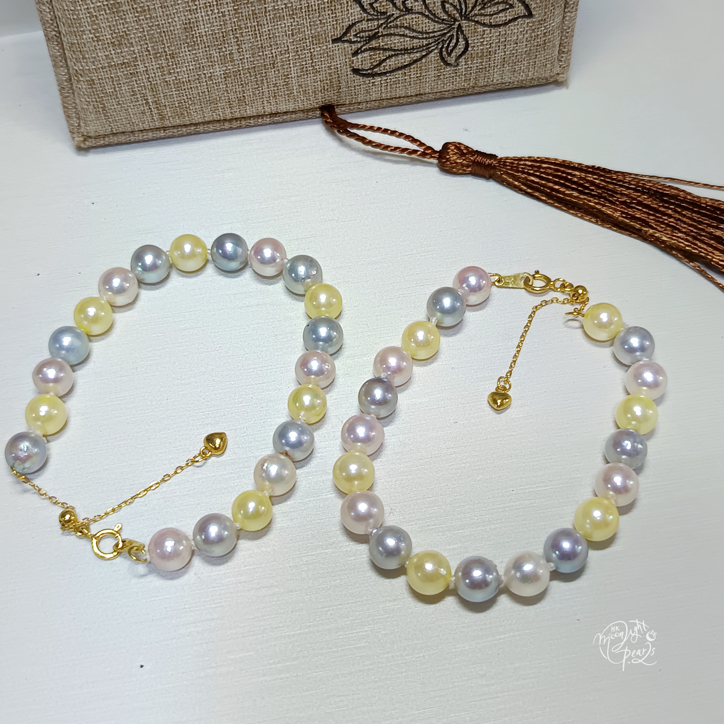 正圓極光日本akoya 糖果色海水珍珠金色s925銀愛心尾鍊口手鍊