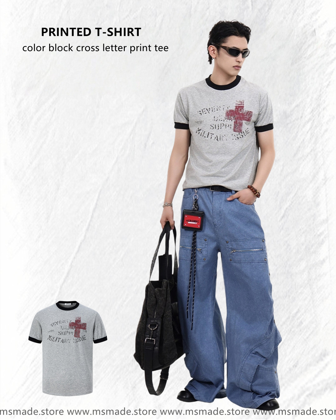 M27454撞色十字架字母印花tee