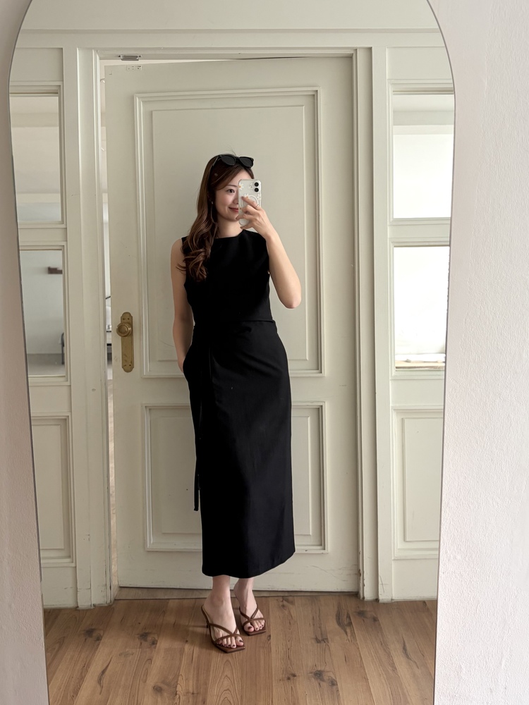 Gathered Waist Tie Dress (Black)