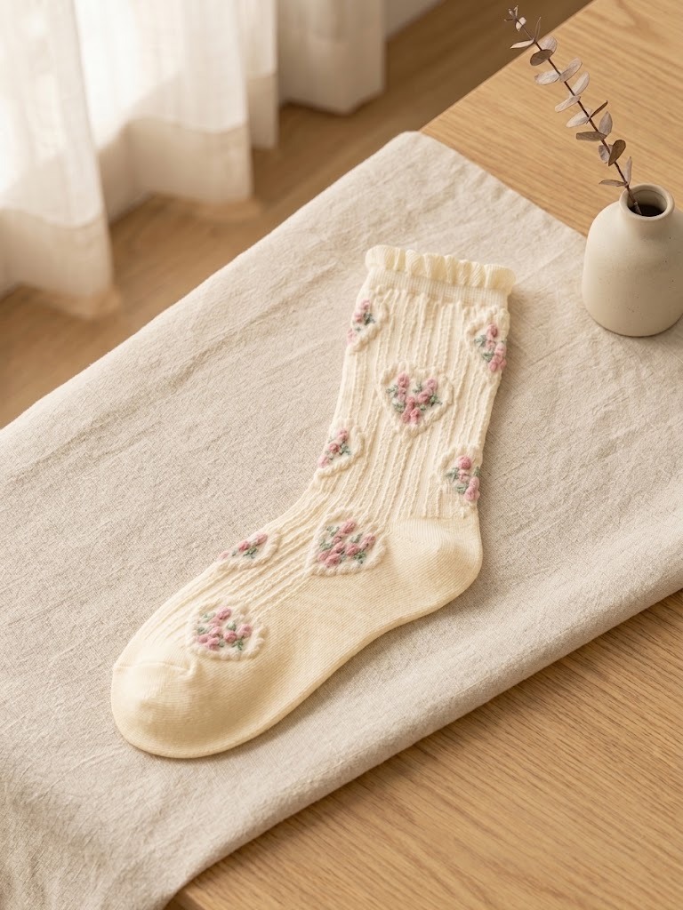 Korean Heart Rose High Crew Socks