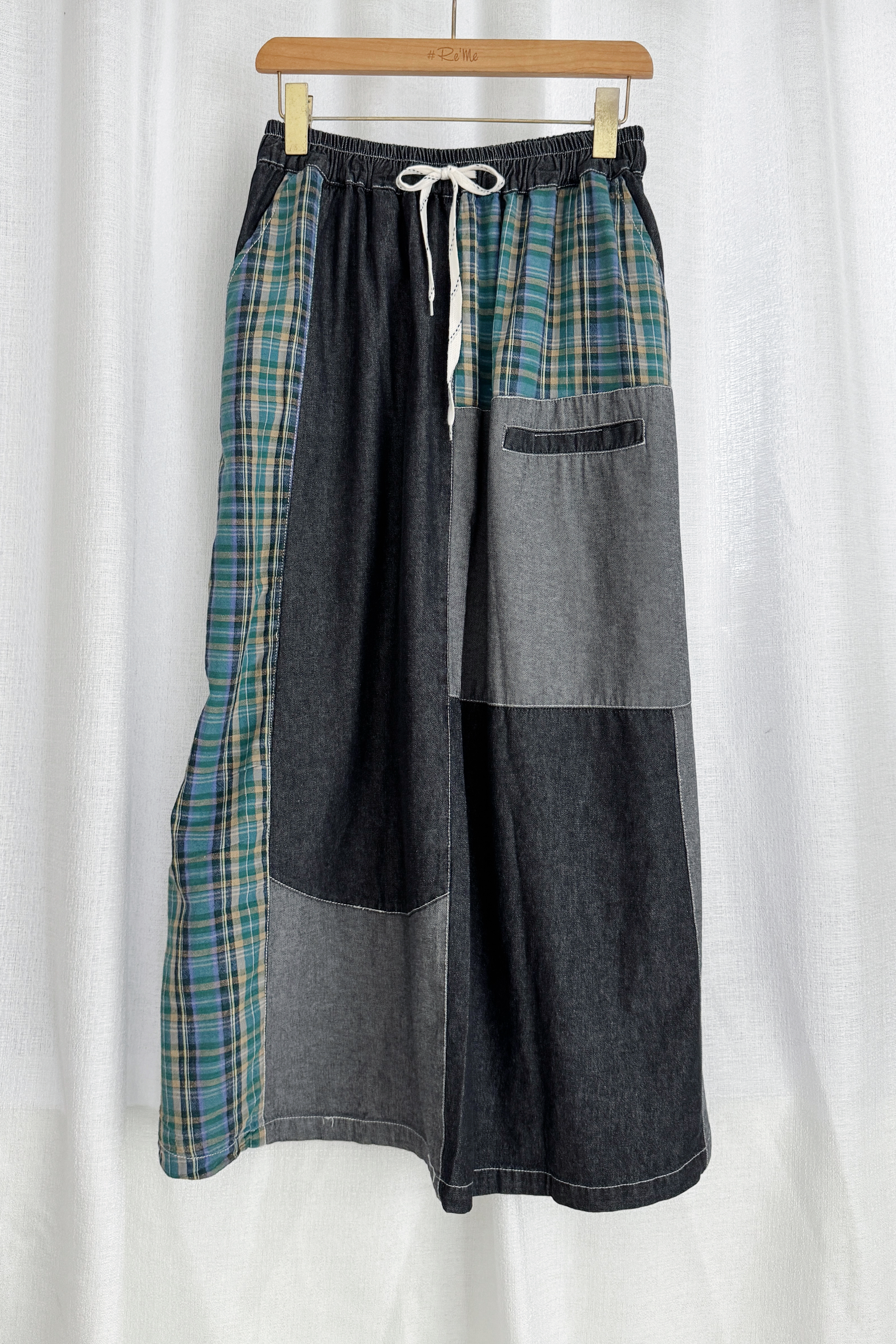 复古文艺风拼接A字牛仔裙