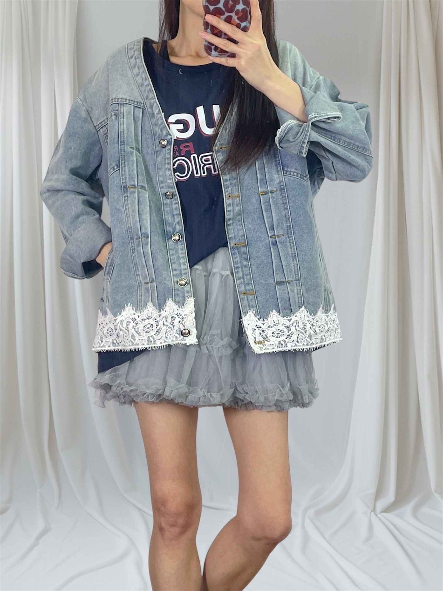 K5558 洗水牛仔衫腳拼lace外套