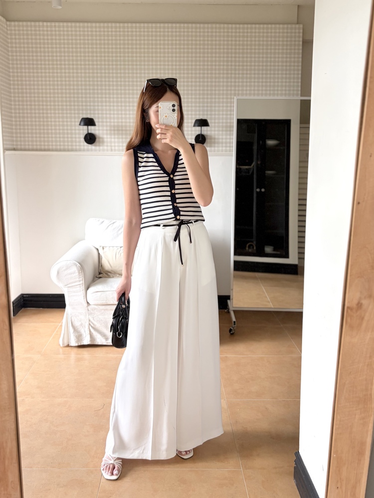 [超涼!!] Contrast Belt Wide Leg Slacks (White)