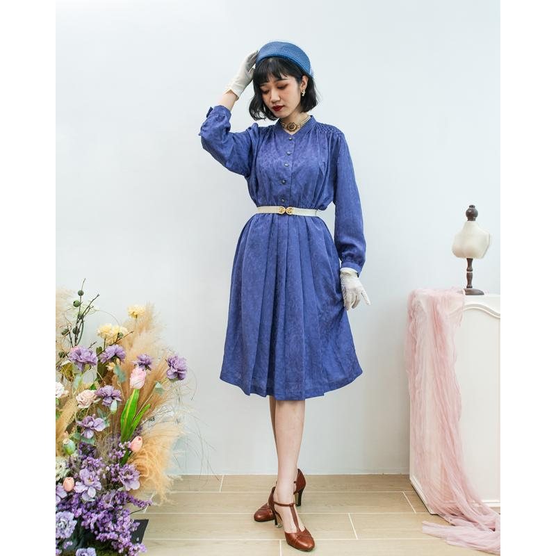Vintage Purplish Blue Subtle Pattern Diamond Gathered Detail Elegant Day & Night Dress (MT1608-81)