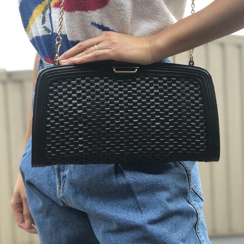 Vintage Black Weaving Leather Strips Two-Way Clutch/Shoulder Bag from Japan (MT1628)