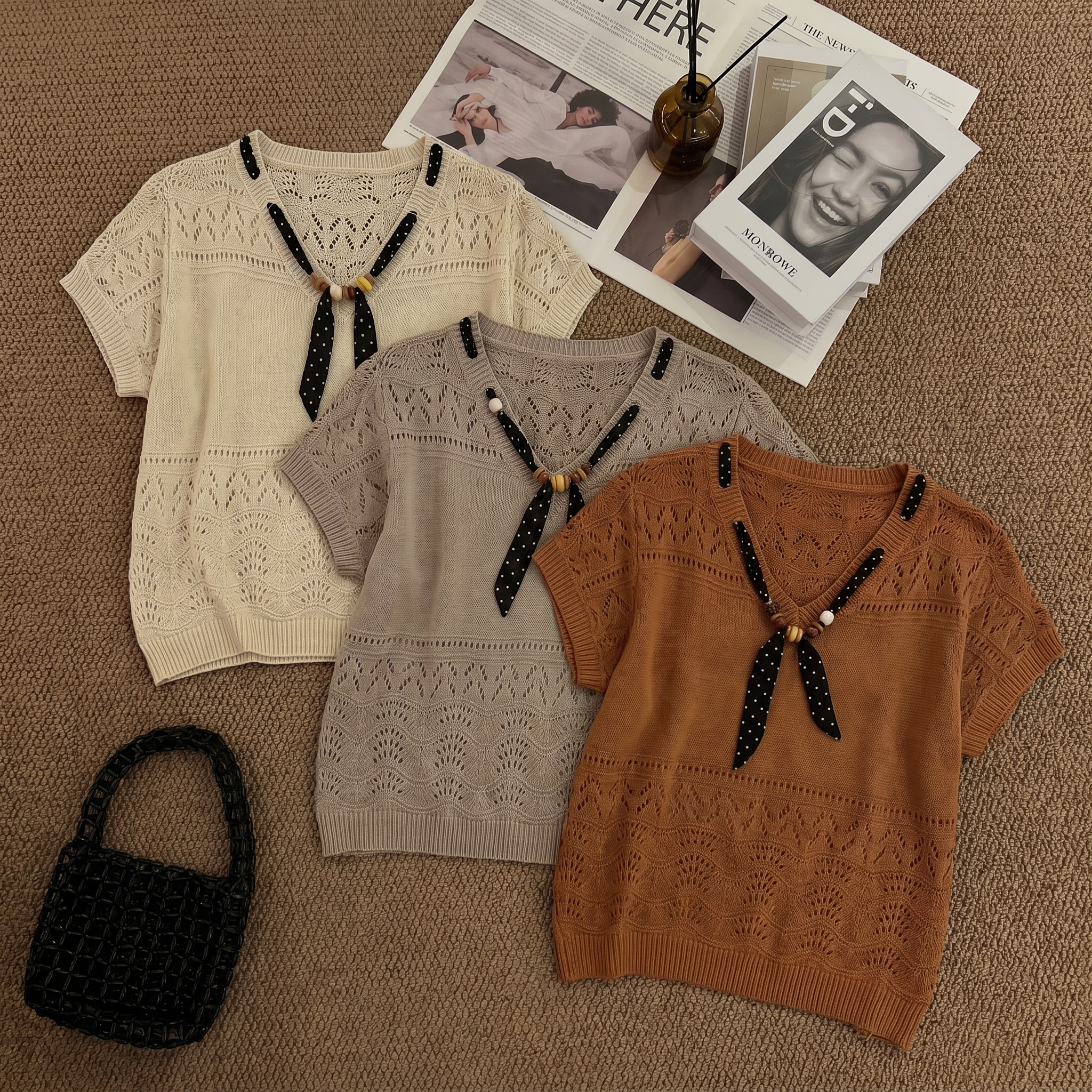 法式老钱风丝巾镂空短袖 Old money Open-Knit Tie-Neck Top