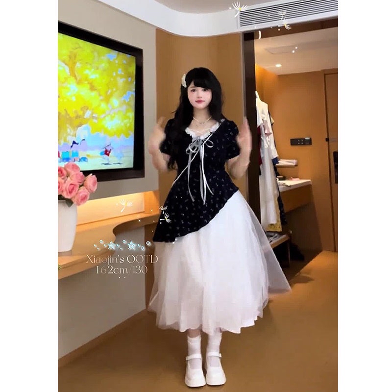 B221(11560长) 长款法式气质碎花拼下摆斜雪纺纱黑蓝连身裙