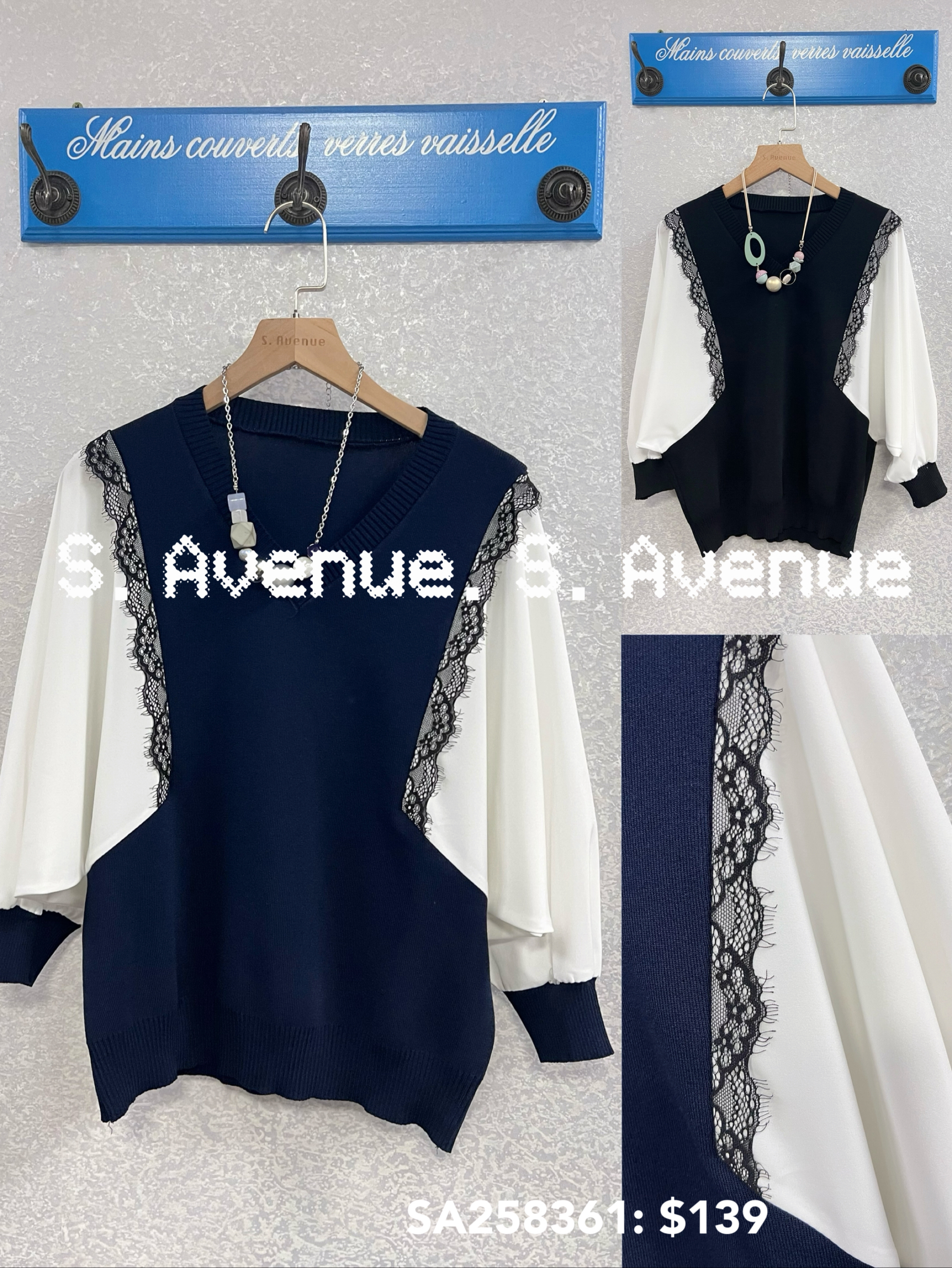 SA258361: 中袖側拼雪紡蝙蝠線top