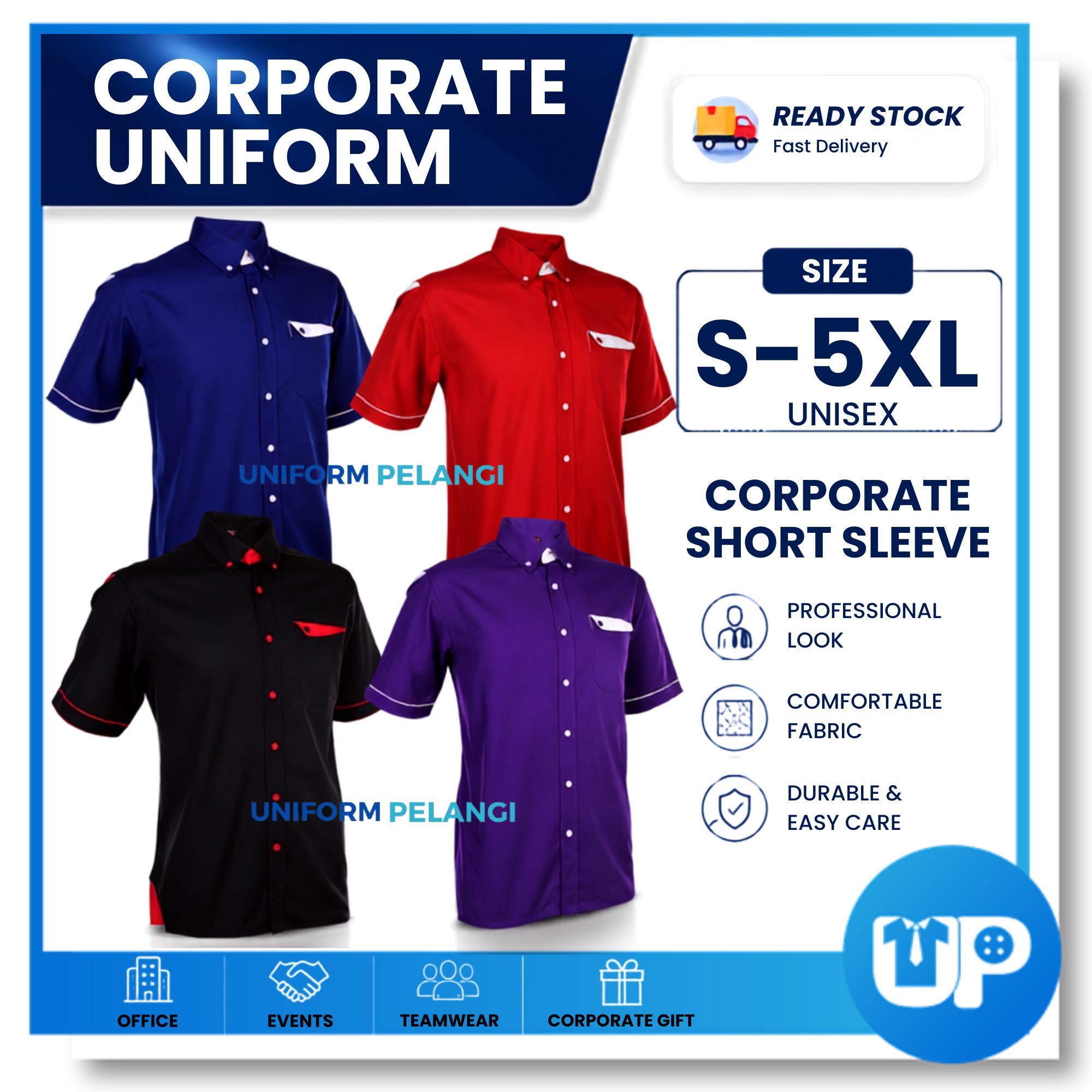 F128 Unisex F1 Corporate Uniform / BAJU KORPORAT / PV BUTTON-DOWN COLLAR SHORT SLEEVE (F128)