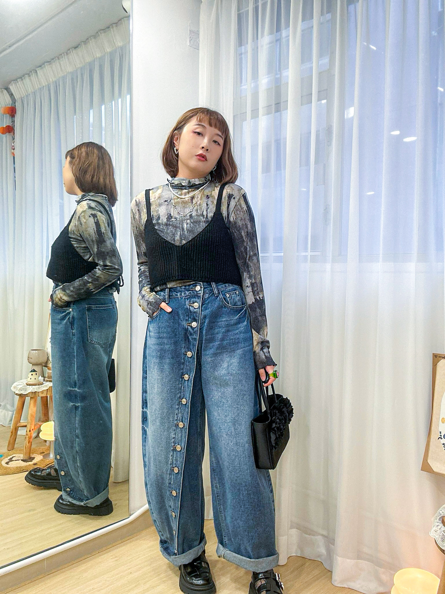 【WK推介】韓系街頭個性風～斜排扣立體感繭型牛仔褲 MU0002 - 藍色 Denim Blue